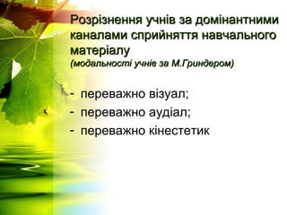 Розрізнення учнів за домінантнимиРозрізнення учнів за домінантними
каналами сприйняття навчальногоканалами сприйняття навчального
матеріалуматеріалу
(модальності учнів за М.Гриндером)(модальності учнів за М.Гриндером)
- переважно візуал;
- переважно аудіал;
- переважно кінестетик
 