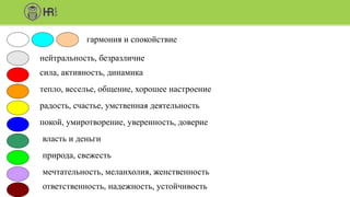 гармония и спокойствие
нейтральность, безразличие
сила, активность, динамика
тепло, веселье, общение, хорошее настроение
радость, счастье, умственная деятельность
покой, умиротворение, уверенность, доверие
власть и деньги
природа, свежесть
мечтательность, меланхолия, женственность
ответственность, надежность, устойчивость
 