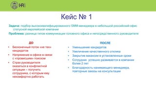 Кейс № 1
Задача: подбор высококвалифицированного SMM-менеджера в небольшой российский офис
статусной европейской компании
Проблема: разница типов коммуникации головного офиса и непосредственного руководителя
ДО
• Бесконечный поток «не тех»
кандидатов
• Напряжение в офисе в связи
с «провисшим» поиском
• Страх руководителя
оказаться в конфликтной
ситуации – получить
сотрудника, с которым ему
некомфортно работать
ПОСЛЕ
• Уменьшение кандидатов
• Увеличение качественного отклика
• Закрытие вакансии в установленные сроки
• Сотрудник успешно развивается в компании
более 2 лет
• Благодарность нанимающего менеджера,
повторные заказы на консультации
 