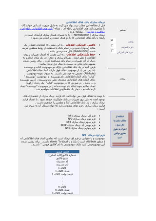 ‫اطالعاتی‬ ‫های‬ ‫بانك‬ ‫سازی‬ ‫نرمال‬
‫خوانندگان‬ ‫آشنائی‬ ‫ضرورت‬ ‫دليل‬ ‫به‬ ‫گردد‬ ‫می‬ ‫پيشنهاد‬ ‫مطلب‬ ‫اين‬ ‫مطالعه‬ ‫ار‬ ‫قبل‬
‫مقاله‬ ، ‫ای‬ ‫رابطه‬ ‫اطالعاتی‬ ‫های‬ ‫بانك‬ ‫مفاهيم‬ ‫با‬": ‫ای‬ ‫رابطه‬ ‫اطالعاتی‬ ‫های‬ ‫بانك‬
‫تعاريف‬ ‫و‬ ‫مفاهيم‬. ‫گردد‬ ‫مطالعه‬ ، "
( ‫سازی‬ ‫نرمال‬Normalization)‫در‬ ‫است‬ ‫فرآيندی‬ ‫سازی‬ ‫هنجار‬ ‫تعبيری‬ ‫به‬ ‫يا‬
‫می‬ ‫انجام‬ ‫زير‬ ‫عمده‬ ‫هدف‬ ‫دو‬ ‫با‬ ‫كه‬ ‫اطالعاتی‬ ‫های‬ ‫بانك‬ ‫با‬ ‫رابطه‬: ‫شود‬
‫اطالعات‬ ‫افزونگی‬ ‫کاهش‬‫يک‬ ‫در‬ ‫فقط‬ ‫اطالعات‬ ‫که‬ ‫معنی‬ ‫اين‬ ‫به‬ ،
‫تعريف‬ ‫منطقی‬ ‫روابط‬ ‫از‬ ‫استفاده‬ ‫با‬ ‫بانک‬ ‫تمام‬ ‫در‬ ‫و‬ ‫ذخيره‬ )‫(جدول‬ ‫مكان‬
( ‫شده‬RelationShip. ‫باشد‬ ‫دسترسی‬ ‫قابل‬ )
‫اطالعات‬ ‫يکپارچگی‬ ‫حفظ‬‫روی‬ ‫بر‬ ‫تغييرات‬ ‫اعمال‬ ‫که‬ ‫معنی‬ ‫اين‬ ‫به‬ ،
‫بهنگام‬ ، ‫ايجاد‬ ‫نظير‬ ( ‫اطالعات‬‫به‬ ‫و‬ ‫انجام‬ ‫مكان‬ ‫يك‬ ‫در‬ ) ‫حذف‬ ‫و‬ ‫سازی‬
. ‫گردد‬ ‫مشاهده‬ ‫بانك‬ ‫تمام‬ ‫در‬ ‫تغييرات‬ ‫آثار‬ ‫آن‬ ‫دنبال‬‫شدن‬ ‫روشن‬ ‫برای‬
: ‫نمائيد‬ ‫توجه‬ ‫ذيل‬ ‫مثال‬ ‫به‬ ‫نيست‬ ‫بد‬ ‫يکپارچگی‬ ‫مفهوم‬
‫نويسنده‬ ‫و‬ ‫كتاب‬ ‫موجوديت‬ ‫دو‬ ‫دارای‬ ‫اطالعاتی‬ ‫بانك‬ ‫يك‬ ‫در‬ ‫كنيد‬ ‫فرض‬
‫ها‬ ‫المان‬ ‫دارای‬ ‫فوق‬ ‫های‬ ‫موجوديت‬ ‫از‬ ‫يك‬ ‫هر‬ . ‫باشيم‬‫اطالعاتی‬ ‫ی‬
(Attribute‫موجوديت‬ ‫نمونه‬ ‫عنوان‬ ‫به‬ . ‫باشند‬ ‫می‬ ‫خود‬ ‫به‬ ‫مختص‬ )
‫نويسنده‬ ‫نام‬ ‫اطالعاتی‬ ‫المان‬ ‫دارای‬ "‫"كتاب‬‫و‬" ‫"نويسنده‬ ‫موجوديت‬
‫نويسنده‬ ‫آدرس‬ ، ‫نويسنده‬ ‫نام‬ ‫نظير‬ ‫متعددی‬ ‫اطالعاتی‬ ‫های‬ ‫المان‬ ‫دارای‬
. ‫باشد‬ ... ‫و‬"‫"کتاب‬ ‫موجوديت‬ ‫در‬ ‫كه‬ ‫صورتی‬ ‫در‬‫(رکورد‬ ‫رخداد‬ ‫يک‬)
‫ايجاد‬ "‫"نويسنده‬ ‫موجوديت‬ ‫در‬ ‫را‬ ‫آن‬ ‫نويسنده‬ ‫نام‬ ‫اينکه‬ ‫بدون‬ ‫نمائيم‬ ‫ايجاد‬
، ‫باشيم‬ ‫کرده‬. ‫شد‬ ‫خواهيم‬ ‫اطالعات‬ ‫ناهمگونی‬ ‫يک‬ ‫دچار‬
‫های‬ ‫ناهنجاری‬ ‫از‬ ‫سازی‬ ‫نرمال‬ ‫فرآيند‬ ‫كه‬ ‫گفت‬ ‫توان‬ ‫می‬ ‫فوق‬ ‫اهداف‬ ‫به‬ ‫توجه‬ ‫با‬
‫با‬ . ‫نمود‬ ‫خواهد‬ ‫جلوگيری‬ ‫بانك‬ ‫در‬ ‫تغييرات‬ ‫بروز‬ ‫دليل‬ ‫به‬ ‫آمده‬ ‫بوجود‬‫فرآيند‬ ‫اعمال‬
. ‫داشت‬ ‫خواهيم‬ ‫را‬ ‫مطمئن‬ ‫و‬ ‫كارآ‬ ‫اطالعاتی‬ ‫بانك‬ ‫يك‬ ، ‫سازی‬ ‫نرمال‬
‫ذيل‬ ‫شرح‬ ‫به‬ ‫آن‬ ‫متداول‬ ‫انواع‬ ‫كه‬ ‫دارد‬ ‫متفاوتی‬ ‫های‬ ‫فرم‬ ، ‫سازی‬ ‫نرمال‬ ‫فرآيند‬
: ‫است‬
‫سازی‬ ‫نرمال‬ ‫اول‬ ‫فرم‬1NF
‫سازی‬ ‫نرمال‬ ‫دوم‬ ‫فرم‬2NF
‫سازی‬ ‫نرمال‬ ‫سوم‬ ‫فرم‬3NF
‫سازی‬ ‫نرمال‬ ‫کد‬ ‫بويس‬ ‫فرم‬BCNF
‫چها‬ ‫فرم‬‫سازی‬ ‫نرمال‬ ‫رم‬4NF
‫نرمال‬ ‫اول‬ ‫فرم‬1NF
‫آن‬ ‫اطالعاتی‬ ‫های‬ ‫المان‬ ‫تمامی‬ ‫كه‬ ‫است‬ ‫نرمال‬ ‫اول‬ ‫فرم‬ ‫در‬ ‫جدولی‬ ‫يا‬ ‫و‬ ‫موجوديت‬
‫منظور‬ (Attribute"‫اصطالحا‬ ‫يا‬ ‫و‬ ‫يكتا‬ ) ‫است‬atomic‫شدن‬ ‫روشن‬ ‫برای‬ . ‫باشند‬
. ‫باشيم‬ " ‫فروش‬ ‫"فاكتور‬ ‫نام‬ ‫با‬ ‫موجوديتی‬ ‫دارای‬ ‫كنيد‬ ‫فرض‬ ‫موضوع‬ ‫اين‬
‫فروش‬ ‫فاكتور‬
)‫اصلی‬ ‫فاکتور(کليد‬ ‫شماره‬
‫فاکتور‬ ‫تاريخ‬
‫مشتری‬ ‫کد‬
‫مشتری‬ ‫نام‬
‫کاالی‬1
‫کاالی‬ ‫تعداد‬1
‫کاالی‬ ‫واحد‬ ‫قيمت‬1
.
.
.
‫کاالی‬n
‫کاالی‬ ‫تعداد‬n
‫کاالی‬ ‫واحد‬ ‫قيمت‬n
‫جستجو‬
‫مقاالت‬
‫المعارف‬ ‫دايره‬
‫آموزشی‬ ‫های‬ ‫دوره‬
‫مقاالت‬
 