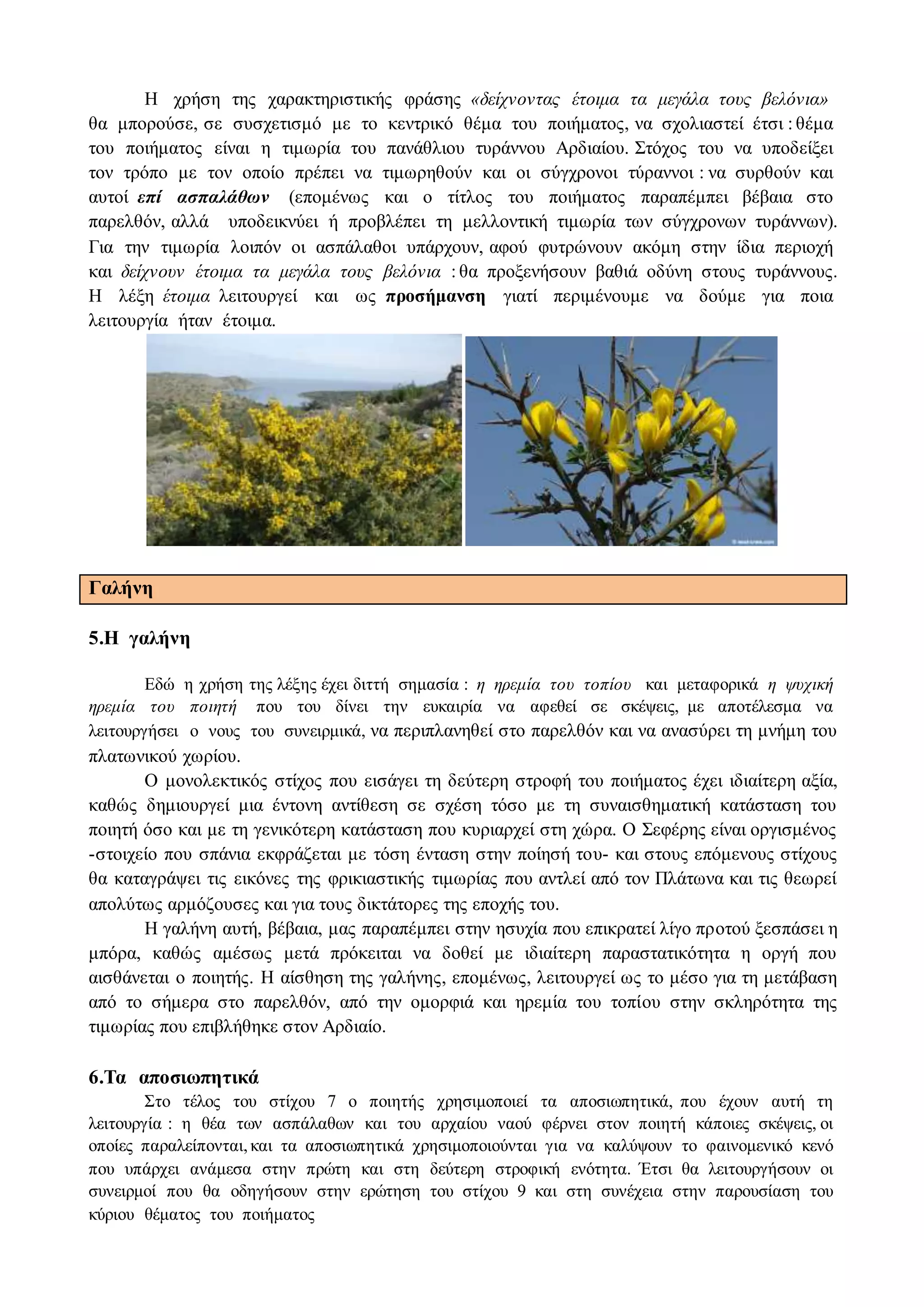 Η χρήση της χαρακτηριστικής φράσης «δείχνοντας έτοιμα τα μεγάλα τους βελόνια»
θα μπορούσε, σε συσχετισμό με το κεντρικό θέμα του ποιήματος, να σχολιαστεί έτσι : θέμα
του ποιήματος είναι η τιμωρία του πανάθλιου τυράννου Αρδιαίου. Στόχος του να υποδείξει
τον τρόπο με τον οποίο πρέπει να τιμωρηθούν και οι σύγχρονοι τύραννοι : να συρθούν και
αυτοί επί ασπαλάθων (επομένως και ο τίτλος του ποιήματος παραπέμπει βέβαια στο
παρελθόν, αλλά υποδεικνύει ή προβλέπει τη μελλοντική τιμωρία των σύγχρονων τυράννων).
Για την τιμωρία λοιπόν οι ασπάλαθοι υπάρχουν, αφού φυτρώνουν ακόμη στην ίδια περιοχή
και δείχνουν έτοιμα τα μεγάλα τους βελόνια : θα προξενήσουν βαθιά οδύνη στους τυράννους.
Η λέξη έτοιμα λειτουργεί και ως προσήμανση γιατί περιμένουμε να δούμε για ποια
λειτουργία ήταν έτοιμα.
Γαλήνη
5.Η γαλήνη
Εδώ η χρήση της λέξης έχει διττή σημασία : η ηρεμία του τοπίου και μεταφορικά η ψυχική
ηρεμία του ποιητή που του δίνει την ευκαιρία να αφεθεί σε σκέψεις, με αποτέλεσμα να
λειτουργήσει ο νους του συνειρμικά, να περιπλανηθεί στο παρελθόν και να ανασύρει τη μνήμη του
πλατωνικού χωρίου.
Ο μονολεκτικός στίχος που εισάγει τη δεύτερη στροφή του ποιήματος έχει ιδιαίτερη αξία,
καθώς δημιουργεί μια έντονη αντίθεση σε σχέση τόσο με τη συναισθηματική κατάσταση του
ποιητή όσο και με τη γενικότερη κατάσταση που κυριαρχεί στη χώρα. Ο Σεφέρης είναι οργισμένος
-στοιχείο που σπάνια εκφράζεται με τόση ένταση στην ποίησή του- και στους επόμενους στίχους
θα καταγράψει τις εικόνες της φρικιαστικής τιμωρίας που αντλεί από τον Πλάτωνα και τις θεωρεί
απολύτως αρμόζουσες και για τους δικτάτορες της εποχής του.
Η γαλήνη αυτή, βέβαια, μας παραπέμπει στην ησυχία που επικρατεί λίγο προτού ξεσπάσει η
μπόρα, καθώς αμέσως μετά πρόκειται να δοθεί με ιδιαίτερη παραστατικότητα η οργή που
αισθάνεται ο ποιητής. Η αίσθηση της γαλήνης, επομένως, λειτουργεί ως το μέσο για τη μετάβαση
από το σήμερα στο παρελθόν, από την ομορφιά και ηρεμία του τοπίου στην σκληρότητα της
τιμωρίας που επιβλήθηκε στον Αρδιαίο.
6.Τα αποσιωπητικά
Στο τέλος του στίχου 7 ο ποιητής χρησιμοποιεί τα αποσιωπητικά, που έχουν αυτή τη
λειτουργία : η θέα των ασπάλαθων και του αρχαίου ναού φέρνει στον ποιητή κάποιες σκέψεις, οι
οποίες παραλείπονται,και τα αποσιωπητικά χρησιμοποιούνται για να καλύψουν το φαινομενικό κενό
που υπάρχει ανάμεσα στην πρώτη και στη δεύτερη στροφική ενότητα. ΄Ετσι θα λειτουργήσουν οι
συνειρμοί που θα οδηγήσουν στην ερώτηση του στίχου 9 και στη συνέχεια στην παρουσίαση του
κύριου θέματος του ποιήματος
 