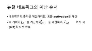 뉴럴 네트워크의 계산 순서
• 네트워크의 출력을 계산하려면, 모든 activation을 계산
• 즉 레이어 를 계산하고, 을 계산하고, 까지 식
(6-7)을 써서 완료
 