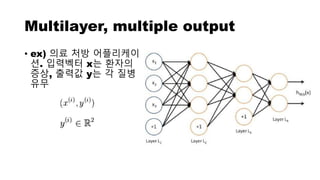 Multilayer, multiple output
• ex) 의료 처방 어플리케이
션. 입력벡터 x는 환자의
증상, 출력값 y는 각 질병
유무
 