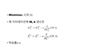 • Minimize:
• 매 이터레이션에 W, b 갱신은
• 학습률:
 
