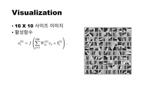 Visualization
• 10 X 10 사이즈 이미지
• 활성함수
 