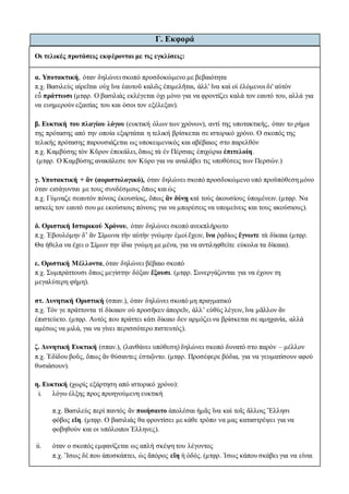 Γ. Εκφορά
Οι τελικές προτάσεις εκφέρονται με τις εγκλίσεις:
α. Υποτακτική, όταν δηλώνει σκοπό προσδοκώμενο με βεβαιότητα
π.χ. Βασιλεὺς αἱρεῖται οὐχ ἵνα ἑαυτοῦ καλῶς ἐπιμελῆται, ἀλλ' ἵνα καὶ οἱ ἑλόμενοι δι' αὐτὸν
εὖ πράττωσι (μτφρ. Ο βασιλιάς εκλέγεται όχι μόνο για να φροντίζει καλά τον εαυτό του, αλλά για
να ευημερούν εξαιτίας του και όσοι τον εξέλεξαν).
β. Ευκτική του πλαγίου λόγου (ευκτική όλων των χρόνων), αντί της υποτακτικής, όταν το ρήμα
της πρότασης από την οποία εξαρτάται η τελική βρίσκεται σε ιστορικό χρόνο. Ο σκοπός της
τελικής πρότασης παρουσιάζεται ως υποκειμενικός και αβέβαιος στο παρελθόν
π.χ. Καμβύσης τὸν Κῦρον ἐπεκάλει, ὅπως τὰ ἐν Πέρσαις ἐπιχώρια ἐπιτελοίη.
(μτφρ. Ο Καμβύσης ανακάλεσε τον Κύρο για να αναλάβει τις υποθέσεις των Περσών.)
γ. Υποτακτική + ἂν (αοριστολογικό), όταν δηλώνει σκοπό προσδοκώμενο υπό προϋπόθεση μόνο
όταν εισάγονται με τους συνδέσμους ὅπως και ὡς
π.χ. Γύμναζε σεαυτὸν πόνοις ἐκουσίοις, ὅπως ἂν δύνῃ καὶ τοὺς ἀκουσίους ὑπομένειν. (μτφρ. Να
ασκείς τον εαυτό σου με εκούσιους πόνους για να μπορέσεις να υπομείνεις και τους ακούσιους).
δ. Οριστική Ιστορικού Χρόνου, όταν δηλώνει σκοπό ανεκπλήρωτο
π.χ. Ἐβουλόμην δ’ ἂν Σίμωνα τὴν αὐτὴν γνώμην ἐμοὶ ἔχειν, ἵνα ῥᾳδίως ἔγνωτε τὰ δίκαια (μτφρ.
Θα ήθελα να έχει ο Σίμων την ίδια γνώμη με μένα, για να αντιληφθείτε εύκολα τα δίκαια).
ε. Οριστική Μέλλοντα, όταν δηλώνει βέβαιο σκοπό
π.χ. Συμπράττουσι ὅπως μεγίστην δόξαν ἕξουσι. (μτφρ. Συνεργάζονται για να έχουν τη
μεγαλύτερη φήμη).
στ. Δυνητική Οριστική (σπαν.), όταν δηλώνει σκοπό μη πραγματικό
π.χ. Τόν γε πράττοντα τί δίκαιον οὐ προσῆκεν ἀπορεῖν, ἀλλ’ εὐθὺς λέγειν, ἵνα μᾶλλον ἂν
ἐπιστεύετο. (μτφρ. Αυτός που πράττει κάτι δίκαιο δεν αρμόζει να βρίσκεται σε αμηχανία, αλλά
αμέσως να μιλά, για να γίνει περισσότερο πιστευτός).
ζ. Δυνητική Ευκτική (σπαν.), (λανθάνει υπόθεση) δηλώνει σκοπό δυνατό στο παρόν – μέλλον
π.χ. Ἐδίδου βοῦς, ὅπως ἂν θύσαντες ἐστιῷντο. (μτφρ. Προσέφερε βόδια, για να γευματίσουν αφού
θυσιάσουν).
η. Ευκτική (χωρίς εξάρτηση από ιστορικό χρόνο):
i. λόγω έλξης προς προηγούμενη ευκτική
π.χ. Βασιλεὺς περὶ παντὸς ἂν ποιήσαιτο ἀπολέσαι ἡμᾶς ἵνα καὶ τοῖς ἄλλοις Ἕλλησι
φόβος εἴη. (μτφρ. Ο βασιλιάς θα φροντίσει με κάθε τρόπο να μας καταστρέψει για να
φοβηθούν και οι υπόλοιποι Έλληνες).
ii. όταν ο σκοπός εμφανίζεται ως απλή σκέψη του λέγοντος
π.χ. Ἴσως δέ που ἀποσκάπτει, ὡς ἄπόρος εἴη ἡ ὁδός. (μτφρ. Ίσως κάπου σκάβει για να είναι
 