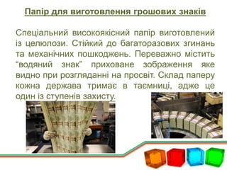 Папір для виготовлення грошових знаків
Спеціальний високоякісний папір виготовлений
із целюлози. Стійкий до багаторазових згинань
та механічних пошкоджень. Переважно містить
“водяний знак” приховане зображення яке
видно при розгляданні на просвіт. Склад паперу
кожна держава тримає в таємниці, адже це
один із ступенів захисту.
 