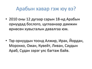 Арабын хавар гэж юу вэ?
• 2010 оны 12 дугаар сарын 18-нд Арабын
орнуудад бослого, цуглаанаар дамжин
өрнөсөн хувьсгалын давалгаа юм.
• Тэр орнуудын тоонд Алжир, Ирак, Йордан,
Морокко, Оман, Кувейт, Ливан, Саудын
Араб, Судан зэрэг улс багтаж байв.
 