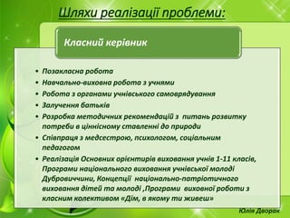 Шляхи реалізації проблеми:
• Позакласна робота
• Навчально-виховна робота з учнями
• Робота з органами учнівського самоврядування
• Залучення батьків
• Розробка методичних рекомендацій з питань розвитку
потреби в ціннісному ставленні до природи
• Співпраця з медсестрою, психологом, соціальним
педагогом
• Реалізація Основних орієнтирів виховання учнів 1-11 класів,
Програми національного виховання учнівської молоді
Дубровиччини, Концепції національно-патріотичного
виховання дітей та молоді ,Програми виховної роботи з
класним колективом «Дім, в якому ти живеш»
Класний керівник
Юлія Дворак
 