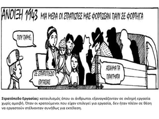 Στρατόπεδο Εργαςίασ: καταυλιςμόσ όπου οι άνκρωποι εξαναγκάηονταν ςε ςκλθρι εργαςία
χωρίσ αμοιβι. Όταν οι κρατοφμενοι που είχαν επιλεγεί για εργαςία, δεν ιταν πλζον ςε κζςθ
να εργαςτοφν ςτζλνονταν ςυνικωσ για εκτζλεςθ.
 