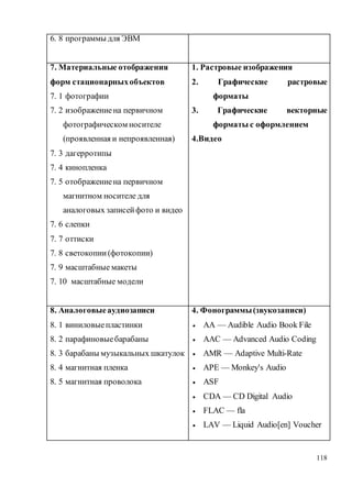 118
6. 8 программы для ЭВМ
7. Материальные отображения
форм стационарныхобъектов
7. 1 фотографии
7. 2 изображениена первичном
фотографическом носителе
(проявленная и непроявленная)
7. 3 дагерротипы
7. 4 кинопленка
7. 5 отображениена первичном
магнитном носителе для
аналоговых записейфото и видео
7. 6 слепки
7. 7 оттиски
7. 8 светокопии(фотокопии)
7. 9 масштабные макеты
7. 10 масштабные модели
1. Растровые изображения
2. Графические растровые
форматы
3. Графические векторные
форматы с оформлением
4.Видео
8. Аналоговыеаудиозаписи
8. 1 виниловыепластинки
8. 2 парафиновыебарабаны
8. 3 барабаны музыкальных шкатулок
8. 4 магнитная пленка
8. 5 магнитная проволока
4. Фонограммы(звукозаписи)
 AA — Audible Audio Book File
 AAC — Advanced Audio Coding
 AMR — Adaptive Multi-Rate
 APE — Monkey's Audio
 ASF
 CDA — CD Digital Audio
 FLAC — fla
 LAV — Liquid Audio[en] Voucher
 