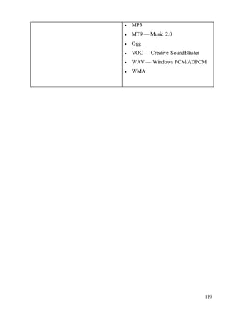 119
 MP3
 MT9 — Music 2.0
 Ogg
 VOC — Creative SoundBlaster
 WAV — Windows PCM/ADPCM
 WMA
 