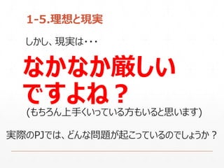 1-5.理想と現実
しかし、現実は・・・
なかなか厳しい
ですよね？
(もちろん上手くいっている方もいると思います)
実際のPJでは、どんな問題が起こっているのでしょうか？
 