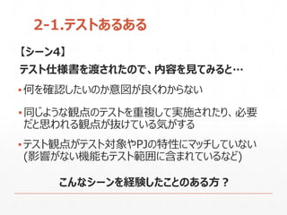 2-1.テストあるある
【シーン4】
テスト仕様書を渡されたので、内容を見てみると…
▪何を確認したいのか意図が良くわからない
▪同じような観点のテストを重複して実施されたり、必要
だと思われる観点が抜けている気がする
▪テスト観点がテスト対象やPJの特性にマッチしていない
(影響がない機能もテスト範囲に含まれているなど)
こんなシーンを経験したことのある方？
 