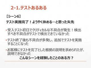 2-1.テストあるある
【シーン6】
テスト実施完了！ようやく休める…と思った矢先
▪受入テスト初日でクリティカルな不具合が発生！検出
すべき不具合がテストで検出できていなかった
▪テスト終了後も不具合が多発し、追加でテストを実施
することになった
▪お客様にテストを完了とした根拠の説明を求められたが、
説明できなかった
こんなシーンを経験したことのある方？
 