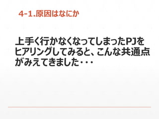 4-1.原因はなにか
上手く行かなくなってしまったPJを
ヒアリングしてみると、こんな共通点
がみえてきました・・・
 