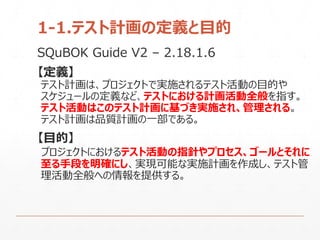1-1.テスト計画の定義と目的
SQuBOK Guide V2 – 2.18.1.6
【定義】
テスト計画は、プロジェクトで実施されるテスト活動の目的や
スケジュールの定義など、テストにおける計画活動全般を指す。
テスト活動はこのテスト計画に基づき実施され、管理される。
テスト計画は品質計画の一部である。
【目的】
プロジェクトにおけるテスト活動の指針やプロセス、ゴールとそれに
至る手段を明確にし、実現可能な実施計画を作成し、テスト管
理活動全般への情報を提供する。
 
