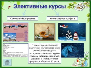 Основы сайтостроения Компьютерная графика
В рамках предпрофильной
подготовки обучающихся мною
разработаны и ведутся
программы элективных курсов
«Основы сайтостроения и web-
дизайна» и «Компьютерная
графика» в объеме по 17 часов.
 