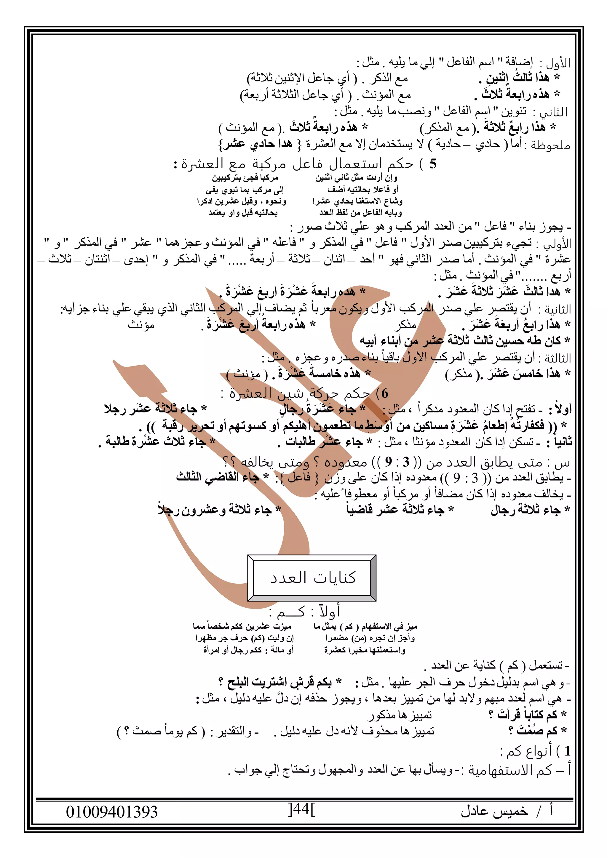 ‫عادل‬ ‫خميس‬ / ‫أ‬90991490010 44
‫ال‬: ‫أول‬‫يليه‬ ‫ما‬ ‫إلي‬ " ‫الفاعل‬ ‫اسم‬ " ‫إضافة‬:‫مثل‬ .
. ِ‫اثنين‬ ُ‫ثالث‬ ‫هذا‬ *. ‫الذكر‬ ‫مع‬‫ثالثة‬ ‫اإلثنين‬ ‫جاعل‬ ‫أي‬ ()
. َ‫ثالث‬ ٌ‫رابعة‬‫هذه‬ *. ‫المؤنث‬ ‫مع‬‫أربعة‬ ‫الثالثة‬ ‫جاعل‬ ‫أي‬ ()
: ‫الثاني‬‫يليه‬ ‫ما‬‫ونصب‬ " ‫الفاعل‬ ‫اسم‬ " ‫تنوين‬‫مثل‬ .:
ٌ‫ع‬‫راب‬ ‫هذا‬ *. َ‫ثالثة‬(‫المذكر‬ ‫مع‬)‫رابع‬ ‫هذه‬ *َ‫ثالث‬ٌ‫ة‬.(‫المؤنث‬ ‫مع‬)
: ‫ملحوظة‬‫حادي‬ (‫أما‬–‫العشرة‬ ‫مع‬ ‫إال‬ ‫يستخدمان‬ ‫ال‬ ) ‫حادية‬}‫عشر‬ ‫حادي‬ ‫هدا‬ {
5‫العشرة‬ ‫مع‬ ‫مركبة‬ ‫فاعل‬ ‫استعمال‬ ‫حكم‬ ):
‫اثنين‬ ‫ثاني‬ ‫مثل‬ ‫أردت‬ ‫وإن‬‫بتركيبين‬ ‫فجئ‬ ‫مركبا‬
‫أضف‬ ‫بحالتيه‬ ‫فاعال‬ ‫أو‬‫يفي‬ ‫تبوي‬ ‫بما‬ ‫مركب‬ ‫إلى‬
‫عشرا‬ ‫بحادي‬ ‫االستغنا‬ ‫وشاع‬‫ادكرا‬ ‫عشرين‬ ‫وقبل‬ ، ‫ونحوه‬
‫العدد‬ ‫لفظ‬ ‫من‬ ‫الفاعل‬ ‫وبابه‬‫يعتمد‬ ‫واو‬ ‫قبل‬ ‫بحالتيه‬
-: ‫صور‬ ‫ثالث‬ ‫علي‬ ‫وهو‬ ‫المركب‬ ‫العدد‬ ‫من‬ " ‫فاعل‬ " ‫بناء‬ ‫يجوز‬
‫الأ‬: ‫ولي‬" ‫و‬ " ‫المذكر‬ ‫في‬ " ‫عشر‬ " ‫وعجزهما‬ ‫المؤنث‬ ‫في‬ " ‫فاعله‬ " ‫و‬ ‫المذكر‬ ‫في‬ " ‫فاعل‬ " ‫األول‬ ‫صدر‬ ‫بتركيبين‬ ‫تجيء‬
‫أحد‬ " ‫فهو‬ ‫الثاني‬ ‫صدر‬ ‫أما‬ . ‫المؤنث‬ ‫في‬ " ‫عشرة‬–‫اثنان‬–‫ثالثة‬–‫إحدى‬ " ‫و‬ ‫المذكر‬ ‫في‬ " ..... ‫أربعة‬–‫اثنتان‬–‫ثالث‬–
:‫مثل‬ . ‫المؤنث‬ ‫في‬ "....... ‫أربع‬
*‫هدا‬‫ث‬. َ‫َر‬‫ش‬َ‫ع‬ َ‫ثالثة‬ َ‫َر‬‫ش‬َ‫ع‬ َ‫الث‬*‫هده‬. َ‫ة‬ َ‫ر‬ْ‫ش‬َ‫ع‬ َ‫أربع‬ َ‫ة‬ َ‫ر‬ْ‫ش‬َ‫ع‬ َ‫رابعة‬
: ‫الثانية‬‫أ‬‫بناء‬ ‫علي‬ ‫يبقي‬ ‫الذي‬ ‫الثاني‬ ‫المركب‬ ‫إلي‬ ‫يضاف‬ ‫ثم‬ ً‫ا‬‫معرب‬ ‫ويكون‬ ‫األول‬ ‫المركب‬ ‫صدر‬ ‫علي‬ ‫يقتصر‬ ‫ن‬‫جزأيه‬:
. َ‫َر‬‫ش‬َ‫ع‬ َ‫ة‬َ‫ع‬‫أرب‬ ُ‫ع‬‫راب‬ ‫هذا‬ *‫مذكر‬َ‫ة‬ َ‫ر‬ْ‫ش‬َ‫ع‬ َ‫أربع‬ ُ‫رابعة‬‫هذه‬ *.‫مؤنث‬
‫أبيه‬ ‫أبناء‬ ‫من‬ ‫عشر‬ ‫ثالثة‬ ‫ثالث‬ ‫حسين‬ ‫طه‬ ‫كان‬ *
: ‫الثالثة‬‫أ‬‫وعجزه‬ ‫صدره‬ ‫بناء‬ ً‫ا‬‫باقي‬ ‫األول‬ ‫المركب‬ ‫علي‬ ‫يقتصر‬ ‫ن‬:‫مثل‬ .
‫خ‬ ‫هذا‬ *. َ‫َر‬‫ش‬َ‫ع‬ َ‫امس‬(‫مذكر‬). َ‫ة‬ َ‫ر‬ْ‫ش‬َ‫ع‬ َ‫خامسة‬ ‫هذه‬ *(‫مؤنث‬)
6: ‫العشرة‬ ‫شين‬ ‫حركة‬ ‫حكم‬ )
:ً‫ال‬‫أو‬-‫كان‬ ‫إدا‬ ‫تفتح‬ً‫ا‬‫مدكر‬ ‫المعدود‬:‫مثل‬ ،‫رجال‬ُ‫ة‬ َ‫َر‬‫ش‬َ‫ع‬ ‫جاء‬ *‫رجال‬ ‫َر‬‫ش‬‫ع‬ ‫ثالثة‬ ‫جاء‬ *
َ‫ع‬ ُ‫م‬‫إطعا‬ ُ‫ه‬ُ‫ت‬‫فكفار‬ (( *َ‫ش‬َ‫ر‬‫كسوتهم‬ ‫أو‬ ‫أهليكم‬ ‫تطعمون‬ ‫ما‬ ِ‫ط‬َ‫س‬ ْ‫و‬َ‫أ‬ ‫من‬ ‫مساكين‬ ِ‫ة‬‫رقبة‬ ‫تحرير‬ ‫أو‬. ))
: ً‫ا‬‫ثاني‬-‫إدا‬ ‫تسكن‬‫مؤنثا‬ ‫المعدود‬ ‫كان‬: ‫مثل‬ ،. ‫طالبات‬ ‫ر‬ْ‫ش‬‫ع‬ ‫جاء‬ *. ‫طالبة‬ ‫رة‬ْ‫ش‬‫ع‬ ‫ثالث‬ ‫جاء‬ *
(( ‫من‬ ‫العدد‬ ‫يطابق‬ ‫متى‬ : ‫س‬0:1‫و‬ ‫؟‬ ‫معدوده‬ ))‫م‬‫؟؟‬ ‫يخالفه‬ ‫تى‬
-(( ‫من‬ ‫العدد‬ ‫يطابق‬0:1:} ‫فاعل‬ { ‫وزن‬ ‫على‬ ‫كان‬ ‫إذا‬ ‫معدوده‬ ))‫الثالث‬ ‫القاضي‬ ‫جاء‬ *
-‫كان‬ ‫إذا‬ ‫معدوده‬ ‫يخالف‬: ‫ًعليه‬ ‫معطوفا‬ ‫أو‬ ً‫ا‬‫مركب‬ ‫أو‬ ً‫ا‬‫مضاف‬
ً‫ال‬‫رج‬‫وعشرون‬ ‫ثالثة‬ ‫جاء‬ * ً‫ا‬‫قاضي‬ ‫عشر‬ ‫ثالثة‬ ‫جاء‬ * ‫رجال‬ ‫ثالثة‬ ‫جاء‬ *
: ‫كــــم‬ : ً‫ا‬‫أول‬
‫سما‬ ً‫ا‬‫شخص‬ ‫ككم‬ ‫عشرين‬ ‫ميزت‬ ‫ما‬ ‫بمثل‬ ) ‫كم‬ ( ‫االستفهام‬ ‫في‬ ‫ميز‬
‫و‬ ‫إن‬ ‫مضمرا‬ )‫(من‬ ‫تجره‬ ‫إن‬ ‫وأجز‬‫مظهرا‬ ‫جر‬ ‫حرف‬ )‫(كم‬ ‫ليت‬
‫امرأة‬ ‫أو‬ ‫رجال‬ ‫ككم‬ : ‫مائة‬ ‫أو‬ ‫كعشرة‬ ‫مخبرا‬ ‫واستعملنها‬
-‫تستعمل‬) ‫كم‬ (. ‫العدد‬ ‫عن‬ ‫كناية‬
-‫و‬‫مثل‬ . ‫عليها‬ ‫الجر‬ ‫حرف‬ ‫دخول‬‫بدليل‬ ‫اسم‬ ‫هي‬:‫؟‬ ‫البلح‬ ‫اشتريت‬ ‫قرش‬ ‫بكم‬ *
-َّ‫دل‬ ‫إن‬ ‫حذفه‬ ‫ويجوز‬ ، ‫بعدها‬ ‫تمييز‬ ‫من‬ ‫لها‬ ‫والبد‬ ‫مبهم‬ ‫لعدد‬ ‫اسم‬ ‫هي‬‫مثل‬ ، ‫دليل‬ ‫عليه‬:
‫؟‬ َ‫قرأت‬ ً‫ا‬‫كتاب‬ ‫كم‬ *‫تمييزها‬‫مذكور‬
‫؟‬ َ‫ت‬ْ‫ُم‬‫ص‬ ‫كم‬ *‫تمييزها‬. ‫دليل‬ ‫عليه‬ ‫دل‬ ‫ألنه‬ ‫محذوف‬-‫والتقدير‬:(‫؟‬ َ‫صمت‬ ً‫ا‬‫يوم‬ ‫كم‬)
0: ‫كم‬ ‫أنواع‬ )
‫أ‬–: ‫الاستفهامية‬ ‫كم‬-‫جو‬ ‫إلي‬ ‫وتحتاج‬ ‫والمجهول‬ ‫العدد‬ ‫عن‬ ‫بها‬ ‫ويسأل‬. ‫اب‬
‫العدد‬ ‫كنايات‬
 