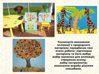 Технологія виконання
аплікації з природного
матеріалу передбачає такі
етапи роботи: підготовка
матеріалу та його вибір;
вибір малюнка для аплікації;
створення ескізу;
вибір інструментів;
виконання виробу різними
способами.
 