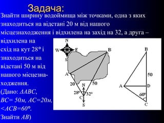 22
Задача:Задача:
Знайти ширину водоймища між точками, одна з яких
знаходиться на відстані 20 м від нашого
місцезнаходження і відхилена на захід на 32, а друга –
відхилена на
схід на кут 28° і
знаходиться на
відстані 50 м від
нашого місцезна-
ходження.
(Дано: ΔАВС,
ВС= 50м, АС=20м,
<АСВ=60°.
Знайти АВ)
 