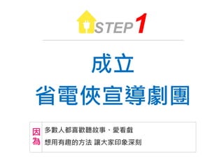 成立
省電俠宣導劇團
STEP1
多數人都喜歡聽故事、愛看戲
想用有趣的方法 讓大家印象深刻
因
為
 