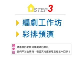 編劇工作坊
彩排預演
STEP3
請專業的老師引導劇碼的產出
我們不為金馬獎，但認真地把節電宣導當一回事！
開
麥
拉
 