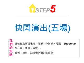 快閃演出(五場)
STEP5
服裝和點子很吸睛，傳單、非洲鼓、阿飄、 superman
在公園、捷運、百貨…..
看到、聽到、知道我們預告的訊息
我
們
的
策
略
 