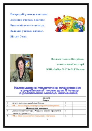 Посередній учитель викладає.
Хороший вчитель пояснює.
Видатний вчитель показує.
Великий учитель надихає.
Вільям Уорд
Величко Наталія Валеріївна,
учитель вищої категорії
ЗОШ «Вибір» № 17 ім.М.Г.Неленя
І семестр
Вступ
1 Багатство і краса української мови. 1
2 РМ 1. Загальне уявлення про ситуацію спілкування. 1
Повторення вивченого
3 Синтаксис і пунктуація. Розділові знаки в простому і
складному реченнях.
1
4 РМ 2. Види мовленнєвої діяльності. Навчальне 1
19
 
