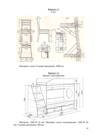 Вариант 11.
Стул.
Материал: сосна. Годовая программа: 2000 шт.
Вариант 12.
Кровать двухъярусная.
Материал: ЛДСтП 16 мм. Материал досок подматрасных: ЛДСтП 24
мм. Годовая программа: 500 шт.
49
 