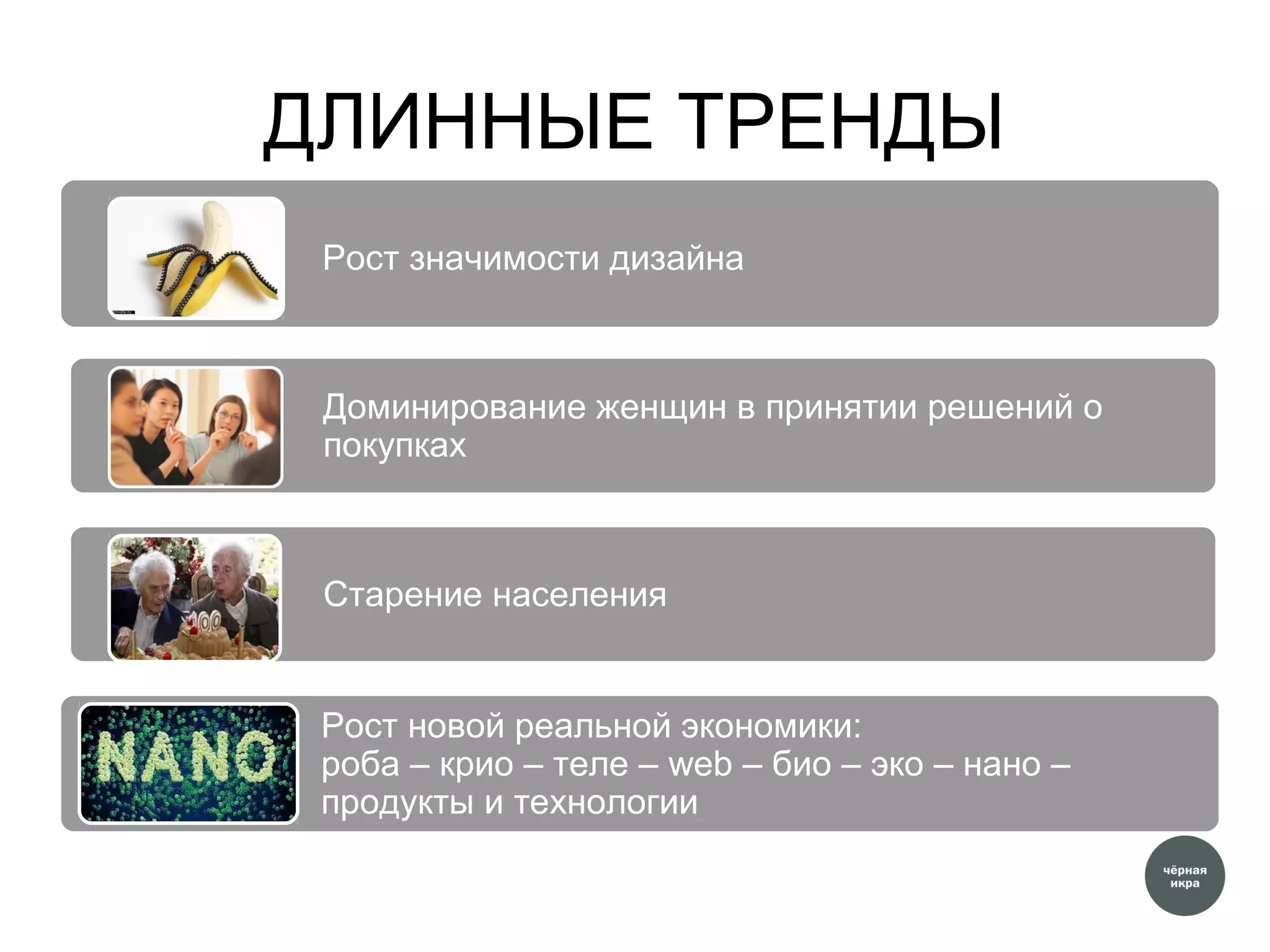 ДЛИННЫЕ ТРЕНДЫ
Рост значимости дизайна
Доминирование женщин в принятии решений о
покупках
Старение населения
Рост новой реальной экономики:
роба – крио – теле – web – био – эко – нано –
продукты и технологии
 
