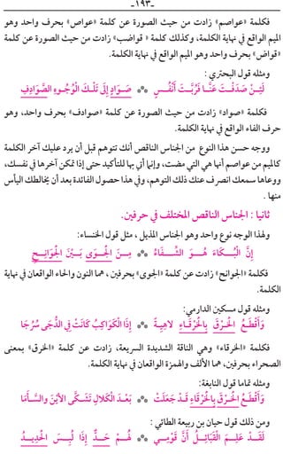 ‫ـ‬١٩٣‫ـ‬
‫ﻭﻫﻮ‬ ‫ﻭﺍﺣﺪ‬ ‫ﺑﺤﺮﻑ‬ «‫»ﻋﻮﺍﺹ‬ ‫ﻛﻠﻤﺔ‬ ‫ﻋﻦ‬ ‫ﺍﻟﺼﻮﺭﺓ‬ ‫ﺣﻴﺚ‬ ‫ﻣﻦ‬ ‫ﺯﺍﺩﺕ‬ «‫»ﻋﻮﺍﺻﻢ‬ ‫ﻓﻜﻠﻤﺔ‬
‫ﻛﻠﻤﺔ‬ ‫ﻋﻦ‬ ‫ﺍﻟﺼﻮﺭﺓ‬ ‫ﺣﻴﺚ‬ ‫ﻣﻦ‬ ‫ﺯﺍﺩﺕ‬ «‫ﻗﻮﺍﺿﺐ‬ » ‫ﻛﻠﻤﺔ‬ ‫ﻭﻛﺬﻟﻚ‬ ،‫ﺍﻟﻜﻠﻤﺔ‬ ‫ﳖﺎﻳﺔ‬ ‫ﰲ‬ ‫ﺍﻟﻮﺍﻗﻊ‬ ‫ﺍﳌﻴﻢ‬
.‫ﺍﻟﻜﻠﻤﺔ‬ ‫ﳖﺎﻳﺔ‬ ‫ﰲ‬ ‫ﺍﻟﻮﺍﻗﻊ‬ ‫ﺍﳌﻴﻢ‬ ‫ﻭﻫﻮ‬ ‫ﻭﺍﺣﺪ‬ ‫ﺑﺤﺮﻑ‬ «‫»ﻗﻮﺍﺽ‬
: ‫ﺍﻟﺒﺤﱰﻱ‬ ‫ﻗﻮﻝ‬ ‫ﻭﻣﺜﻠﻪ‬
‫ﹺ‬‫ﻑ‬‫ﹺ‬‫ﺍﺩ‬‫ﹶ‬‫ﻮ‬ ‫ﱠ‬‫ﺍﻟﺼ‬ ‫ﹺ‬‫ـﻮﻩ‬‫ـ‬ ‫ﹸ‬‫ﺟ‬‫ﹸ‬‫ﻮ‬‫ﹾ‬‫ﻟ‬‫ﺍ‬ ‫ﹶ‬‫ـﻚ‬‫ـ‬‫ﹾ‬‫ﻠ‬‫ﹶ‬‫ﺗ‬ ‫ﹶ‬‫ﱃ‬‫ﹺ‬‫ﺇ‬ ‫ﹴ‬‫ﺍﺩ‬‫ﹶ‬‫ـﻮ‬‫ـ‬ ‫ﹶ‬‫ﺻ‬ ‫ﹴ‬‫ــﺲ‬‫ﹸ‬‫ﻔ‬‫ﹾ‬‫ﻧ‬‫ﹶ‬‫ﺃ‬ ‫ﹶ‬‫ــﺖ‬‫ﱠ‬‫ﺑ‬ ‫ﹸ‬‫ﺮ‬‫ﹶ‬‫ﻓ‬ ‫ﱠــﺎ‬‫ﻨ‬‫ﹶ‬‫ﻋ‬ ‫ﹶ‬‫ــﺖ‬‫ﹾ‬‫ﻓ‬ ‫ﺪﹶ‬ ‫ﹶ‬‫ﺻ‬ ‫ﹾ‬‫ــﻦ‬‫ﹺ‬‫ﺌ‬‫ﹶ‬‫ﻟ‬***
‫ﻭﻫﻮ‬ ،‫ﻭﺍﺣﺪ‬ ‫ﺑﺤﺮﻑ‬ «‫»ﺻﻮﺍﺩﻑ‬ ‫ﻛﻠﻤﺔ‬ ‫ﻋﻦ‬ ‫ﺍﻟﺼﻮﺭﺓ‬ ‫ﺣﻴﺚ‬ ‫ﻣﻦ‬ ‫ﺯﺍﺩﺕ‬ «‫»ﺻﻮﺍﺩ‬ ‫ﻓﻜﻠﻤﺔ‬
.‫ﺍﻟﻜﻠﻤﺔ‬ ‫ﳖﺎﻳﺔ‬ ‫ﰲ‬ ‫ﺍﻟﻮﺍﻗﻊ‬ ‫ﺍﻟﻔﺎﺀ‬ ‫ﺣﺮﻑ‬
‫ﺍﻟﻜﻠﻤﺔ‬ ‫ﺁﺧﺮ‬ ‫ﻋﻠﻴﻚ‬ ‫ﻳﺮﺩ‬ ‫ﺃﻥ‬ ‫ﻗﺒﻞ‬ ‫ﺗﺘﻮﻫﻢ‬ ‫ﺃﻧﻚ‬ ‫ﺍﻟﻨﺎﻗﺺ‬ ‫ﺍﳉﻨﺎﺱ‬ ‫ﻣﻦ‬ ‫ﺍﻟﻨﻮﻉ‬ ‫ﻫﺬﺍ‬ ‫ﺣﺴﻦ‬ ‫ﻭﻭﺟﻪ‬
،‫ﻧﻔﺴﻚ‬‫ﰲ‬‫ﺁﺧﺮﻫﺎ‬‫ﲤﻜﻦ‬‫ﺇﺫﺍ‬‫ﺣﺘﻰ‬‫ﻟﻠﺘﺄﻛﻴﺪ‬‫ﲠﺎ‬‫ﺃﰐ‬‫ﻭﺇﻧﲈ‬،‫ﻣﻀﺖ‬‫ﺍﻟﺘﻲ‬‫ﻫﻲ‬‫ﺃﳖﺎ‬‫ﻋﻮﺍﺻﻢ‬‫ﻣﻦ‬‫ﻛﺎﳌﻴﻢ‬
‫ﺍﻟﻴﺄﺱ‬‫ﳜﺎﻟﻄﻚ‬‫ﺃﻥ‬‫ﺑﻌﺪ‬‫ﺍﻟﻔﺎﺋﺪﺓ‬‫ﺣﺼﻮﻝ‬‫ﻫﺬﺍ‬‫ﻭﰲ‬،‫ﺍﻟﺘﻮﻫﻢ‬‫ﺫﻟﻚ‬‫ﻋﻨﻚ‬‫ﺍﻧﴫﻑ‬‫ﺳﻤﻌﻚ‬‫ﻭﻭﻋﺎﻫﺎ‬
. ‫ﻣﻨﻬﺎ‬
.‫ﺣﺮﻓﲔ‬ ‫ﰲ‬ ‫ﺍﳌﺨﺘﻠﻒ‬ ‫ﺍﻟﻨﺎﻗﺺ‬ ‫ﺍﳉﻨﺎﺱ‬ : ‫ﺛﺎﻧﻴﺎ‬
:‫ﺍﳋﻨﺴﺎﺀ‬ ‫ﻗﻮﻝ‬ ‫ﻣﺜﻞ‬ ، ‫ﺍﳌﺬﻳﻞ‬ ‫ﺍﳉﻨﺎﺱ‬ ‫ﻭﻫﻮ‬ ‫ﻭﺍﺣﺪ‬ ‫ﻧﻮﻉ‬ ‫ﺍﻟﻮﺟﻪ‬ ‫ﻭﳍﺬﺍ‬
‫ــﺢﹺ‬‫ﹺ‬‫ﺍﻧ‬‫ﹶ‬‫ﻮ‬ ‫ﹶ‬‫ﹾ‬‫ﺍﳉ‬ ‫ﹶ‬ ‫ﹾ‬‫ــﲔ‬‫ﹶ‬‫ﺑ‬ ￯‫ﹶ‬‫ــﻮ‬ ‫ﹶ‬‫ﹾ‬‫ﺍﳉ‬ ‫ﹶ‬‫ــﻦ‬‫ﹺ‬‫ﻣ‬ ‫ﹸ‬‫ﺎﺀ‬‫ﹶ‬‫ﻔ‬‫ـــ‬ ‫ﱢ‬‫ﺍﻟﺸ‬ ‫ﹶ‬‫ـــﻮ‬‫ﹸ‬‫ﻫ‬ ‫ﹶ‬‫ﹶﺎﺀ‬‫ﻜ‬‫ـــ‬‫ﹸ‬‫ﺒ‬‫ﹾ‬‫ﻟ‬‫ﺍ‬ ‫ﱠ‬‫ﻥ‬‫ﹺ‬‫ﺇ‬***
‫ﳖﺎﻳﺔ‬‫ﰲ‬‫ﺍﻟﻮﺍﻗﻌﺎﻥ‬‫ﻭﺍﳊﺎﺀ‬‫ﺍﻟﻨﻮﻥ‬‫ﳘﺎ‬،‫ﺑﺤﺮﻓﲔ‬«￯‫»ﺍﳉﻮ‬‫ﻛﻠﻤﺔ‬‫ﻋﻦ‬‫ﺯﺍﺩﺕ‬«‫»ﺍﳉﻮﺍﻧﺢ‬‫ﻓﻜﻠﻤﺔ‬
.‫ﺍﻟﻜﻠﻤﺔ‬
:‫ﺍﻟﺪﺍﺭﻣﻲ‬ ‫ﻣﺴﻜﲔ‬ ‫ﻗﻮﻝ‬ ‫ﻭﻣﺜﻠﻪ‬
‫ﺎ‬ ‫ﹶ‬‫ﺟ‬ ‫ﹸ‬ ‫ﹸ‬‫ﴎ‬‫ﻰ‬ ‫ﹶ‬‫ﺟ‬ ‫ﺍﻟﺪﱡ‬ ‫ﹺ‬‫ﰲ‬ ‫ﹾ‬‫ﹶﺖ‬‫ﻧ‬‫ﹶﺎ‬‫ﻛ‬ ‫ﹸ‬‫ﺐ‬‫ﹺ‬‫ﺍﻛ‬‫ﹶ‬‫ﹶﻮ‬‫ﻜ‬‫ﹾ‬‫ﻟ‬‫ﺍ‬‫ﺍ‬‫ﹶ‬‫ﺫ‬‫ﹺ‬‫ﺇ‬ ‫ﹰ‬‫ﺔ‬‫ـ‬‫ﹺ‬‫ﻴ‬‫ﹺ‬‫ﻻﻫ‬ ‫ﹺ‬‫ـﺎﺀ‬‫ﹶ‬‫ﻗ‬ ‫ﹾ‬‫ﺮ‬ ‫ﹶ‬‫ﹾ‬‫ﺎﳋ‬‫ﹺ‬‫ﺑ‬ ‫ﹶ‬‫ﻕ‬ ‫ﹾ‬‫ـﺮ‬ ‫ﹶ‬‫ﹾ‬‫ﺍﳋ‬ ‫ﹸ‬‫ـﻊ‬‫ﹶ‬‫ﻄ‬‫ﹾ‬‫ﻗ‬‫ﹶ‬‫ﺃ‬‫ﹶ‬‫ﻭ‬***
‫ﺑﻤﻌﻨﻰ‬ «‫»ﺍﳋﺮﻕ‬ ‫ﻛﻠﻤﺔ‬ ‫ﻋﻦ‬ ‫ﺯﺍﺩﺕ‬ ،‫ﺍﻟﴪﻳﻌﺔ‬ ‫ﺍﻟﺸﺪﻳﺪﺓ‬ ‫ﺍﻟﻨﺎﻗﺔ‬ ‫ﻭﻫﻲ‬ «‫»ﺍﳋﺮﻗﺎﺀ‬ ‫ﻓﻜﻠﻤﺔ‬
.‫ﺍﻟﻜﻠﻤﺔ‬ ‫ﳖﺎﻳﺔ‬ ‫ﰲ‬ ‫ﺍﻟﻮﺍﻗﻌﺎﻥ‬ ‫ﻭﺍﳍﻤﺰﺓ‬ ‫ﺍﻷﻟﻒ‬ ‫ﳘﺎ‬ ،‫ﺑﺤﺮﻓﲔ‬ ‫ﺍﻟﺼﺤﺮﺍﺀ‬
:‫ﺍﻟﻨﺎﺑﻐﺔ‬ ‫ﻗﻮﻝ‬ ‫ﲤﺎﻣﺎ‬ ‫ﻭﻣﺜﻠﻪ‬
‫ﺎ‬‫ﹶ‬‫ﻣ‬‫ﹶ‬‫ـﺄ‬‫ـ‬ ‫ﱠ‬‫ﻭﺍﻟﺴ‬ ‫ﹶ‬‫ﻦ‬‫ﹾ‬‫ﻳ‬‫ﺍﻷ‬ ‫ﱠﻰ‬‫ﻜ‬‫ـ‬‫ـ‬ ‫ﹶ‬‫ﹶﺸ‬‫ﺗ‬ ‫ﹺ‬‫ﹶﻼﻝ‬‫ﻜ‬‫ﹾ‬‫ﻟ‬‫ﺍ‬ ‫ـﺪﹶ‬‫ـ‬‫ﹾ‬‫ﻌ‬‫ﹶ‬‫ﺑ‬ ‫ﹾ‬‫ﺖ‬‫ﹶ‬‫ﻠ‬‫ﹶ‬‫ﻌ‬ ‫ﹶ‬‫ﺟ‬ ‫ـﺪﹾ‬‫ـ‬‫ﹶ‬‫ﻗ‬ ‫ﹺ‬‫ﺎﺀ‬‫ﹶ‬‫ﻗ‬ ‫ﹾ‬‫ﺮ‬ ‫ﹶ‬‫ﹾ‬‫ﺎﳋ‬‫ﹺ‬‫ﺑ‬ ‫ﹶ‬‫ﻕ‬ ‫ﹾ‬‫ـﺮ‬‫ـ‬ ‫ﹶ‬‫ﹾ‬‫ﺍﳋ‬ ‫ﹸ‬‫ـﻊ‬‫ـ‬‫ﹶ‬‫ﻄ‬‫ﹾ‬‫ﻗ‬‫ﹶ‬‫ﺃ‬‫ﹶ‬‫ﻭ‬***
: ‫ﺍﻟﻄﺎﺋﻲ‬ ‫ﺭﺑﻴﻌﺔ‬ ‫ﺑﻦ‬ ‫ﺣﻴﺎﻥ‬ ‫ﻗﻮﻝ‬ ‫ﺫﻟﻚ‬ ‫ﻭﻣﻦ‬
‫ﻳــﺪﹸ‬‫ﹺ‬‫ﺪ‬ ‫ﹶ‬‫ﹾ‬‫ﺍﳊ‬ ‫ﹶ‬‫ــﺲ‬‫ﹺ‬‫ﺒ‬‫ﹸ‬‫ﻟ‬ ‫ﺍ‬‫ﹶ‬‫ﺫ‬‫ﹺ‬‫ﺇ‬ ‫ــﺪﱞ‬ ‫ﹶ‬‫ﺣ‬ ‫ﹾ‬‫ــﻢ‬‫ﹸ‬‫ﹶ‬‫ﳍ‬ ‫ــﻲ‬‫ﹺ‬‫ﻣ‬‫ﹾ‬‫ﻮ‬‫ﹶ‬‫ﻗ‬ ‫ﱠ‬‫ﻥ‬‫ﹶ‬‫ﺃ‬ ‫ﹸ‬‫ــﻞ‬‫ﹺ‬‫ﺎﺋ‬‫ﹶ‬‫ﺒ‬‫ﹶ‬‫ﻘ‬‫ﹾ‬‫ﻟ‬‫ﺍ‬ ‫ﹶ‬‫ــﻢ‬‫ﹺ‬‫ﻠ‬‫ﹶ‬‫ﻋ‬ ‫ــﺪﹾ‬‫ﹶ‬‫ﻘ‬‫ﹶ‬‫ﻟ‬***
 