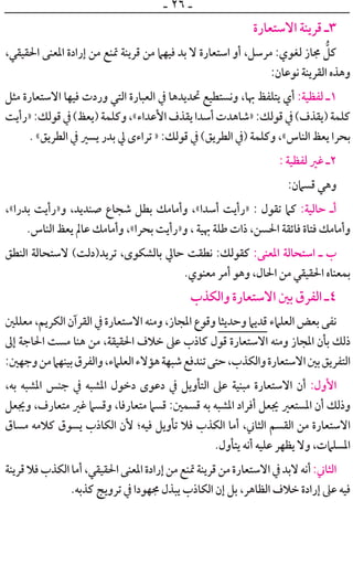 ‫ـ‬ ٢٦ ‫ـ‬
‫ﺍﻻﺳﺘﻌﺎﺭﺓ‬ ‫ﻗﺮﻳﻨﺔ‬ ‫٣ـ‬
،‫ﺍﳊﻘﻴﻘﻲ‬ ‫ﺍﳌﻌﻨﻰ‬ ‫ﺇﺭﺍﺩﺓ‬ ‫ﻣﻦ‬ ‫ﲤﻨﻊ‬ ‫ﻗﺮﻳﻨﺔ‬ ‫ﻣﻦ‬ ‫ﻓﻴﻬﲈ‬ ‫ﺑﺪ‬ ‫ﻻ‬ ‫ﺍﺳﺘﻌﺎﺭﺓ‬ ‫ﺃﻭ‬ ،‫ﻣﺮﺳﻞ‬ :‫ﻟﻐﻮﻱ‬ ‫ﳎﺎﺯ‬ ‫ﱡ‬‫ﻛﻞ‬
:‫ﻧﻮﻋﺎﻥ‬ ‫ﺍﻟﻘﺮﻳﻨﺔ‬ ‫ﻭﻫﺬﻩ‬
‫ﻣﺜﻞ‬ ‫ﺍﻻﺳﺘﻌﺎﺭﺓ‬ ‫ﻓﻴﻬﺎ‬ ‫ﻭﺭﺩﺕ‬ ‫ﺍﻟﺘﻲ‬ ‫ﺍﻟﻌﺒﺎﺭﺓ‬ ‫ﰲ‬ ‫ﲢﺪﻳﺪﻫﺎ‬ ‫ﻭﻧﺴﺘﻄﻴﻊ‬ ،‫ﲠﺎ‬ ‫ﻳﺘﻠﻔﻆ‬ ‫ﺃﻱ‬ :‫ﻟﻔﻈﻴﺔ‬ ‫١ـ‬
‫»ﺭﺃﻳﺖ‬:‫ﻗﻮﻟﻚ‬‫ﰲ‬(‫)ﻳﻌﻆ‬‫ﻭﻛﻠﻤﺔ‬،«‫ﺍﻷﻋﺪﺍﺀ‬‫ﻳﻘﺬﻑ‬‫ﺃﺳﺪﺍ‬‫»ﺷﺎﻫﺪﺕ‬:‫ﻗﻮﻟﻚ‬‫ﰲ‬(‫)ﻳﻘﺬﻑ‬‫ﻛﻠﻤﺔ‬
. «‫ﺍﻟﻄﺮﻳﻖ‬ ‫ﰲ‬ ‫ﻳﺴﲑ‬ ‫ﺑﺪﺭ‬ ‫ﱄ‬ ￯‫ﺗﺮﺍﺀ‬ » :‫ﻗﻮﻟﻚ‬ ‫ﰲ‬ (‫ﺍﻟﻄﺮﻳﻖ‬ ‫)ﰲ‬ ‫ﻭﻛﻠﻤﺔ‬ ،«‫ﺍﻟﻨﺎﺱ‬ ‫ﻳﻌﻆ‬ ‫ﺑﺤﺮﺍ‬
: ‫ﻟﻔﻈﻴﺔ‬ ‫ﻏﲑ‬ ‫٢ـ‬
:‫ﻗﺴﲈﻥ‬ ‫ﻭﻫﻲ‬
،«‫ﺑﺪﺭﺍ‬ ‫ﻭ»ﺭﺃﻳﺖ‬ ،‫ﺻﻨﺪﻳﺪ‬ ‫ﺷﺠﺎﻉ‬ ‫ﺑﻄﻞ‬ ‫ﻭﺃﻣﺎﻣﻚ‬ ،«‫ﺃﺳﺪﺍ‬ ‫»ﺭﺃﻳﺖ‬ : ‫ﺗﻘﻮﻝ‬ ‫ﻛﲈ‬ :‫ﺣﺎﻟﻴﺔ‬ ‫ﺃـ‬
.‫ﺍﻟﻨﺎﺱ‬ ‫ﻳﻌﻆ‬ ‫ﻋﺎﱂ‬ ‫ﻭﺃﻣﺎﻣﻚ‬ ،«‫ﺑﺤﺮﺍ‬ ‫ﻭ»ﺭﺃﻳﺖ‬ ، ‫ﲠﻴﺔ‬ ‫ﻃﻠﺔ‬ ‫ﺫﺍﺕ‬ ،‫ﺍﳊﺴﻦ‬ ‫ﻓﺎﺋﻘﺔ‬ ‫ﻓﺘﺎﺓ‬ ‫ﻭﺃﻣﺎﻣﻚ‬
‫ﺍﻟﻨﻄﻖ‬ ‫ﻻﺳﺘﺤﺎﻟﺔ‬ (‫ﺗﺮﻳﺪ)ﺩﻟﺖ‬ ،￯‫ﺑﺎﻟﺸﻜﻮ‬ ‫ﺣﺎﱄ‬ ‫ﻧﻄﻘﺖ‬ :‫ﻛﻘﻮﻟﻚ‬ :‫ﺍﳌﻌﻨﻰ‬ ‫ﺍﺳﺘﺤﺎﻟﺔ‬ ‫ـ‬ ‫ﺏ‬
.‫ﻣﻌﻨﻮﻱ‬ ‫ﺃﻣﺮ‬ ‫ﻭﻫﻮ‬ ،‫ﺍﳊﺎﻝ‬ ‫ﻣﻦ‬ ‫ﺍﳊﻘﻴﻘﻲ‬ ‫ﺑﻤﻌﻨﺎﻩ‬
‫ﻭﺍﻟﻜﺬﺏ‬ ‫ﺍﻻﺳﺘﻌﺎﺭﺓ‬ ‫ﺑﲔ‬ ‫ﺍﻟﻔﺮﻕ‬ ‫٤ـ‬
‫ﻣﻌﻠﻠﲔ‬ ،‫ﺍﻟﻜﺮﻳﻢ‬ ‫ﺍﻟﻘﺮﺁﻥ‬ ‫ﰲ‬ ‫ﺍﻻﺳﺘﻌﺎﺭﺓ‬ ‫ﻭﻣﻨﻪ‬ ،‫ﺍﳌﺠﺎﺯ‬ ‫ﻭﻗﻮﻉ‬ ‫ﻭﺣﺪﻳﺜﺎ‬ ‫ﻗﺪﻳﲈ‬ ‫ﺍﻟﻌﻠﲈﺀ‬ ‫ﺑﻌﺾ‬ ‫ﻧﻔﻰ‬
‫ﺇﱃ‬ ‫ﺍﳊﺎﺟﺔ‬ ‫ﻣﺴﺖ‬ ‫ﻫﻨﺎ‬ ‫ﻣﻦ‬ ،‫ﺍﳊﻘﻴﻘﺔ‬ ‫ﺧﻼﻑ‬ ‫ﻋﲆ‬ ‫ﻛﺎﺫﺏ‬ ‫ﻗﻮﻝ‬ ‫ﺍﻻﺳﺘﻌﺎﺭﺓ‬ ‫ﻭﻣﻨﻪ‬ ‫ﺍﳌﺠﺎﺯ‬ ‫ﺑﺄﻥ‬ ‫ﺫﻟﻚ‬
:‫ﻭﺟﻬﲔ‬‫ﻣﻦ‬‫ﺑﻴﻨﻬﲈ‬‫ﻭﺍﻟﻔﺮﻕ‬،‫ﺍﻟﻌﻠﲈﺀ‬‫ﻫﺆﻻﺀ‬‫ﺷﺒﻬﺔ‬‫ﺗﻨﺪﻓﻊ‬‫ﺣﺘﻰ‬،‫ﻭﺍﻟﻜﺬﺏ‬‫ﺍﻻﺳﺘﻌﺎﺭﺓ‬‫ﺑﲔ‬‫ﺍﻟﺘﻔﺮﻳﻖ‬
،‫ﺑﻪ‬ ‫ﺍﳌﺸﺒﻪ‬ ‫ﺟﻨﺲ‬ ‫ﰲ‬ ‫ﺍﳌﺸﺒﻪ‬ ‫ﺩﺧﻮﻝ‬ ￯‫ﺩﻋﻮ‬ ‫ﰲ‬ ‫ﺍﻟﺘﺄﻭﻳﻞ‬ ‫ﻋﲆ‬ ‫ﻣﺒﻨﻴﺔ‬ ‫ﺍﻻﺳﺘﻌﺎﺭﺓ‬ ‫ﺃﻥ‬ :‫ﺍﻷﻭﻝ‬
‫ﻭﳚﻌﻞ‬ ،‫ﻣﺘﻌﺎﺭﻑ‬ ‫ﻏﲑ‬ ‫ﻭﻗﺴﲈ‬ ،‫ﻣﺘﻌﺎﺭﻓﺎ‬ ‫ﻗﺴﲈ‬ :‫ﻗﺴﻤﲔ‬ ‫ﺑﻪ‬ ‫ﺍﳌﺸﺒﻪ‬ ‫ﺃﻓﺮﺍﺩ‬ ‫ﳚﻌﻞ‬ ‫ﺍﳌﺴﺘﻌﲑ‬ ‫ﺃﻥ‬ ‫ﻭﺫﻟﻚ‬
‫ﻣﺴﺎﻕ‬ ‫ﻛﻼﻣﻪ‬ ‫ﻳﺴﻮﻕ‬ ‫ﺍﻟﻜﺎﺫﺏ‬ ‫ﻷﻥ‬ ‫ﻓﻴﻪ؛‬ ‫ﺗﺄﻭﻳﻞ‬ ‫ﻓﻼ‬ ‫ﺍﻟﻜﺬﺏ‬ ‫ﺃﻣﺎ‬ ،‫ﺍﻟﺜﺎﲏ‬ ‫ﺍﻟﻘﺴﻢ‬ ‫ﻣﻦ‬ ‫ﺍﻻﺳﺘﻌﺎﺭﺓ‬
.‫ﻳﺘﺄﻭﻝ‬ ‫ﺃﻧﻪ‬ ‫ﻋﻠﻴﻪ‬ ‫ﻳﻈﻬﺮ‬ ‫ﻭﻻ‬ ،‫ﺍﳌﺴﻠﲈﺕ‬
‫ﻗﺮﻳﻨﺔ‬‫ﻓﻼ‬‫ﺍﻟﻜﺬﺏ‬‫ﺃﻣﺎ‬،‫ﺍﳊﻘﻴﻘﻲ‬‫ﺍﳌﻌﻨﻰ‬‫ﺇﺭﺍﺩﺓ‬‫ﻣﻦ‬‫ﲤﻨﻊ‬‫ﻗﺮﻳﻨﺔ‬‫ﻣﻦ‬‫ﺍﻻﺳﺘﻌﺎﺭﺓ‬‫ﰲ‬‫ﻻﺑﺪ‬‫ﺃﻧﻪ‬:‫ﺍﻟﺜﺎﲏ‬
.‫ﻛﺬﺑﻪ‬ ‫ﺗﺮﻭﻳﺞ‬ ‫ﰲ‬ ‫ﳎﻬﻮﺩﺍ‬ ‫ﻳﺒﺬﻝ‬ ‫ﺍﻟﻜﺎﺫﺏ‬ ‫ﺇﻥ‬ ‫ﺑﻞ‬ ،‫ﺍﻟﻈﺎﻫﺮ‬ ‫ﺧﻼﻑ‬ ‫ﺇﺭﺍﺩﺓ‬ ‫ﻋﲆ‬ ‫ﻓﻴﻪ‬
 