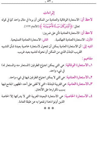 ‫ـ‬ ٥٢ ‫ـ‬
‫ﺇﺛﺮﺍﺀﺍﺕ‬
‫ﻗﻮﻟﻪ‬ ‫ﰲ‬ ‫ﻛﲈ‬ ‫ﻭﺍﺣﺪ‬ ‫ﻣﺜﺎﻝ‬ ‫ﰲ‬ ‫ﻳﺮﺩﺍ‬ ‫ﺃﻥ‬ ‫ﺍﳌﻤﻜﻦ‬ ‫ﻣﻦ‬ ‫ﻭﺍﻟﻌﻨﺎﺩﻳﺔ‬ ‫ﺍﻟﻮﻓﺎﻗﻴﺔ‬ ‫ﺍﻻﺳﺘﻌﺎﺭﺓ‬ :‫ﺃﻥ‬ ‫ﻻﺣﻆ‬
.[١٢٢:‫]ﺍﻷﻧﻌﺎﻡ‬ ‫ﱸ‬jihg‫ﱹ‬:‫ﺗﻌﺎﱃ‬
:‫ﴐﺑﲔ‬ ‫ﻋﲆ‬ ‫ﺗﺄﰐ‬ ‫ﺍﻟﻌﻨﺎﺩﻳﺔ‬ ‫ﺍﻻﺳﺘﻌﺎﺭﺓ‬ :‫ﺃﻥ‬ ‫ﻻﺣﻆ‬
.‫ﺍﻟﺘﻤﻠﻴﺤﻴﺔ‬ ‫ﺍﻟﻌﻨﺎﺩﻳﺔ‬ ‫ﺍﻻﺳﺘﻌﺎﺭﺓ‬ :‫ﺍﻟﺜﺎﲏ‬ .‫ﺍﻟﺘﻬﻜﻤﻴﺔ‬ ‫ﺍﻟﻌﻨﺎﺩﻳﺔ‬ ‫ﺍﻻﺳﺘﻌﺎﺭﺓ‬ :‫ﺍﻷﻭﻝ‬
‫ﺍﻟﺘﺸﺒﻴﻪ‬ ‫ﺷﺄﻥ‬ ‫ﺑﻌﻴﺪﺓ‬ ‫ﺧﺎﺻﻴﺔ‬ ‫ﻻﺳﺘﻌﺎﺭﺓ‬ ‫ﺗﺘﺤﻮﻝ‬ ‫ﺃﻥ‬ ‫ﻳﻤﻜﻦ‬ ‫ﺍﻟﻌﺎﻣﻴﺔ‬ ‫ﺍﻻﺳﺘﻌﺎﺭﺓ‬ ‫ﺃﻥ‬ :‫ﺇﱃ‬ ‫ﺍﻧﺘﺒﻪ‬
.‫ﻏﺮﻳﺐ‬ ‫ﺑﻌﻴﺪ‬ ‫ﻟﺘﺸﺒﻴﻪ‬ ‫ﻧﺤﻮﻟﻪ‬ ‫ﺃﻥ‬ ‫ﺍﳌﻤﻜﻦ‬ ‫ﻣﻦ‬ ‫ﺍﻟﺬﻱ‬ ‫ﺍﳌﺒﺘﺬﻝ‬ ‫ﺍﻟﻘﺮﻳﺐ‬
: ‫ﻣﻔﺎﻫﻴﻢ‬
(‫ﻟﻪ‬ ‫ﻭﺍﳌﺴﺘﻌﺎﺭ‬ ‫ﻣﻨﻪ‬ ‫)ﺍﳌﺴﺘﻌﺎﺭ‬ ‫ﺍﻟﻄﺮﻓﲔ‬ ‫ﺍﺟﺘﲈﻉ‬ ‫ﻳﻤﻜﻦ‬ ‫ﺍﻟﺘﻲ‬ ‫ﻫﻲ‬ :‫ﺍﻟﻮﻓﺎﻗﻴﺔ‬ ‫ﺍﻻﺳﺘﻌﺎﺭﺓ‬ ‫١ـ‬
.‫ﻭﺍﺣﺪ‬ ‫ﳾﺀ‬ ‫ﰲ‬
.‫ﻭﺍﺣﺪ‬ ‫ﳾﺀ‬ ‫ﰲ‬ ‫ﻓﻴﻬﺎ‬ ‫ﺍﻟﻄﺮﻓﲔ‬ ‫ﺍﺟﺘﲈﻉ‬ ‫ﻳﻤﻜﻦ‬ ‫ﻻ‬ ‫ﺍﻟﺘﻲ‬ ‫ﻫﻲ‬ :‫ﺍﻟﻌﻨﺎﺩﻳﺔ‬ ‫ﺍﻻﺳﺘﻌﺎﺭﺓ‬ ‫٢ـ‬
‫ﻓﻴﻬﺎ‬‫ﺍﳉﺎﻣﻊ‬‫ﻟﻈﻬﻮﺭ‬‫؛‬‫ﺃﺣﺪ‬‫ﻋﲆ‬‫ﲣﻔﻰ‬‫ﻻ‬‫ﺍﻟﺘﻲ‬‫؛‬‫ﺍﳌﺒﺘﺬﻟﺔ‬‫ﺍﻟﻘﺮﻳﺒﺔ‬‫ﻫﻲ‬:‫ﺍﻟﻌﺎﻣﻴﺔ‬‫ﺍﻻﺳﺘﻌﺎﺭﺓ‬‫٣ـ‬
.‫ﺍﻷﺫﻫﺎﻥ‬ ‫ﻋﲆ‬ ‫ﺗﻜﺮﺍﺭﻫﺎ‬ ‫ﺑﺴﺒﺐ‬
‫ﺍﳋﺎﺻﺔ‬ ‫ﺇﻻ‬ ‫ﻳﺪﺭﻛﻬﺎ‬ ‫ﻻ‬ ‫ﺍﻟﺘﻲ‬ ‫ﺍﻟﻐﺮﻳﺒﺔ‬ ‫ﺍﻟﺒﻌﻴﺪﺓ‬ ‫ﺍﻻﺳﺘﻌﺎﺭﺓ‬ ‫ﻫﻲ‬ :‫ﺍﳋﺎﺻﻴﺔ‬ ‫ﺍﻻﺳﺘﻌﺎﺭﺓ‬ ‫٤ـ‬
.‫ﺍﻟﻌﺎﻣﺔ‬ ‫ﻃﺒﻘﺔ‬ ‫ﻋﻦ‬ ‫ﺑﻪ‬ ‫ﺍﺭﺗﻔﻌﻮﺍ‬ ‫ﺫﻫﻨﺎ‬ ‫ﺃﻭﺗﻮﺍ‬ ‫ﺍﻟﺬﻳﻦ‬
* * *
 