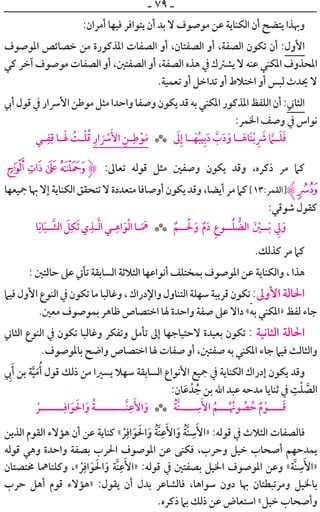 ‫ـ‬ ٧٩ ‫ـ‬
:‫ﺃﻣﺮﺍﻥ‬ ‫ﻓﻴﻬﺎ‬ ‫ﻳﺘﻮﺍﻓﺮ‬ ‫ﺃﻥ‬ ‫ﺑﺪ‬ ‫ﻻ‬ ‫ﻣﻮﺻﻮﻑ‬ ‫ﻋﻦ‬ ‫ﺍﻟﻜﻨﺎﻳﺔ‬ ‫ﺃﻥ‬ ‫ﻳﺘﻀﺢ‬ ‫ﻭﲠﺬﺍ‬
‫ﺍﳌﻮﺻﻮﻑ‬ ‫ﺧﺼﺎﺋﺺ‬ ‫ﻣﻦ‬ ‫ﺍﳌﺬﻛﻮﺭﺓ‬ ‫ﺍﻟﺼﻔﺎﺕ‬ ‫ﺃﻭ‬ ،‫ﺍﻟﺼﻔﺘﺎﻥ‬ ‫ﺃﻭ‬ ،‫ﺍﻟﺼﻔﺔ‬ ‫ﺗﻜﻮﻥ‬ ‫ﺃﻥ‬ :‫ﺍﻷﻭﻝ‬
‫ﻛﻲ‬ ‫ﺁﺧﺮ‬ ‫ﻣﻮﺻﻮﻑ‬ ‫ﺍﻟﺼﻔﺎﺕ‬ ‫ﺃﻭ‬ ،‫ﺍﻟﺼﻔﺘﲔ‬ ‫ﺃﻭ‬ ،‫ﺍﻟﺼﻔﺔ‬ ‫ﻫﺬﻩ‬ ‫ﰲ‬ ‫ﻳﺸﱰﻙ‬ ‫ﻻ‬ ‫ﻋﻨﻪ‬ ‫ﺍﳌﻜﻨﻲ‬ ‫ﺍﳌﺤﺬﻭﻑ‬
.‫ﺗﻌﻤﻴﺔ‬ ‫ﺃﻭ‬ ‫ﺗﺪﺍﺧﻞ‬ ‫ﺃﻭ‬ ‫ﺍﺧﺘﻼﻁ‬ ‫ﺃﻭ‬ ‫ﻟﺒﺲ‬ ‫ﳛﺪﺙ‬ ‫ﻻ‬
‫ﺃﰊ‬ ‫ﻗﻮﻝ‬ ‫ﰲ‬ ‫ﺍﻷﴎﺍﺭ‬ ‫ﻣﻮﻃﻦ‬ ‫ﻣﺜﻞ‬ ‫ﻭﺍﺣﺪﺍ‬ ‫ﻭﺻﻔﺎ‬ ‫ﻳﻜﻮﻥ‬ ‫ﻗﺪ‬ ‫ﺑﻪ‬ ‫ﺍﳌﻜﻨﻲ‬ ‫ﺍﳌﺬﻛﻮﺭ‬ ‫ﺍﻟﻠﻔﻆ‬ ‫ﺃﻥ‬ :‫ﺍﻟﺜﺎﲏ‬
:‫ﺍﳋﻤﺮ‬ ‫ﻭﺻﻒ‬ ‫ﰲ‬ ‫ﻧﻮﺍﺱ‬
‫ـﻲ‬‫ـ‬‫ﹺ‬‫ﻔ‬‫ﹺ‬‫ﻗ‬ ‫ـﺎ‬‫ـ‬‫ﹶ‬‫ﹶ‬‫ﳍ‬ ‫ﹸ‬‫ـﺖ‬‫ـ‬‫ﹾ‬‫ﻠ‬‫ﹸ‬‫ﻗ‬ ‫ﹺ‬‫ﺍﺭ‬ ‫ﹶ‬ ‫ﹾ‬‫ﴎ‬‫ﹶ‬‫ﺍﻷ‬ ‫ﹺ‬‫ـﻦ‬‫ـ‬‫ﹺ‬‫ﻃ‬‫ﹾ‬‫ﻮ‬‫ﹶ‬‫ﻣ‬ ‫ﹶ‬‫ﱃ‬‫ﹺ‬‫ﺇ‬ ‫ــﺎ‬‫ﹶ‬‫ﻬ‬‫ﹸ‬‫ﺒ‬‫ﻴ‬‫ﹺ‬‫ﺑ‬‫ﹶ‬‫ﺩ‬ ‫ﱠ‬‫ﺏ‬‫ﹶ‬‫ﺩ‬‫ﹶ‬‫ﻭ‬ ‫ــﺎ‬‫ﹶ‬‫ﹶﺎﻫ‬‫ﻨ‬‫ﹾ‬‫ﺑ‬ ‫ﹺ‬ ‫ﹶ‬‫ﴍ‬ ‫ﱠ‬‫ــﲈ‬‫ﹶ‬‫ﻠ‬‫ﹶ‬‫ﻓ‬***
XWVU‫ﱹ‬ :‫ﺗﻌﺎﱃ‬ ‫ﻗﻮﻟﻪ‬ ‫ﻣﺜﻞ‬ ‫ﻭﺻﻔﲔ‬ ‫ﻳﻜﻮﻥ‬ ‫ﻭﻗﺪ‬ ،‫ﺫﻛﺮﻩ‬ ‫ﻣﺮ‬ ‫ﻛﲈ‬
‫ﲨﻴﻌﻬﺎ‬ ‫ﲠﺎ‬ ‫ﺇﻻ‬ ‫ﺍﻟﻜﻨﺎﻳﺔ‬ ‫ﺗﺘﺤﻘﻖ‬ ‫ﻻ‬ ‫ﻣﺘﻌﺪﺩﺓ‬ ‫ﺃﻭﺻﺎﻓﺎ‬ ‫ﻳﻜﻮﻥ‬ ‫ﻭﻗﺪ‬ ،‫ﺃﻳﻀﺎ‬ ‫ﻣﺮ‬ ‫ﻛﲈ‬ [١٣:‫]ﺍﻟﻘﻤﺮ‬‫ﱸ‬Y
:‫ﺷﻮﻗﻲ‬ ‫ﻛﻘﻮﻝ‬
‫ﺎ‬‫ﹶ‬‫ﺑ‬‫ﺎ‬‫ﹶ‬‫ﺒ‬‫ـ‬‫ـ‬ ‫ﱠ‬‫ﺍﻟﺸ‬ ‫ﹶ‬‫ﻞ‬‫ﹺ‬‫ﻜ‬‫ﹶ‬‫ﺛ‬‫ﻱ‬‫ﹺ‬‫ـﺬ‬‫ـ‬‫ﱠ‬‫ﻟ‬‫ﺍ‬‫ـﻲ‬‫ـ‬‫ﹺ‬‫ﺍﻫ‬‫ﹶ‬‫ﻮ‬‫ﹾ‬‫ﻟ‬‫ﺍ‬‫ـﺎ‬‫ـ‬‫ﹶ‬ ‫ﹶ‬‫ﳘ‬ ‫ﹲ‬‫ــﻢ‬ ‫ﹾ‬‫ﹶ‬‫ﳊ‬‫ﹶ‬‫ﻭ‬ ‫ﹲ‬‫ﻡ‬‫ﹶ‬‫ﺩ‬ ‫ﹺ‬‫ﻉ‬‫ــﻮ‬‫ﹸ‬‫ﻠ‬ ‫ﱡ‬‫ﺍﻟﻀ‬ ‫ﹶ‬ ‫ﹾ‬‫ــﲔ‬‫ﹶ‬‫ﺑ‬ ‫ﹺ‬‫ﱄ‬‫ﹶ‬‫ﻭ‬***
.‫ﻛﺬﻟﻚ‬ ‫ﻣﺮ‬ ‫ﻛﲈ‬
: ‫ﺣﺎﻟﺘﲔ‬ ‫ﻋﲆ‬ ‫ﺗﺄﰐ‬ ‫ﺍﻟﺴﺎﺑﻘﺔ‬ ‫ﺍﻟﺜﻼﺛﺔ‬ ‫ﺃﻧﻮﺍﻋﻬﺎ‬ ‫ﺑﻤﺨﺘﻠﻒ‬ ‫ﺍﳌﻮﺻﻮﻑ‬ ‫ﻋﻦ‬ ‫ﻭﺍﻟﻜﻨﺎﻳﺔ‬ ، ‫ﻫﺬﺍ‬
‫ﻓﻴﲈ‬ ‫ﺍﻷﻭﻝ‬ ‫ﺍﻟﻨﻮﻉ‬ ‫ﰲ‬ ‫ﺗﻜﻮﻥ‬ ‫ﻣﺎ‬ ‫ﻭﻏﺎﻟﺒﺎ‬ ، ‫ﻭﺍﻹﺩﺭﺍﻙ‬ ‫ﺍﻟﺘﻨﺎﻭﻝ‬ ‫ﺳﻬﻠﺔ‬ ‫ﻗﺮﻳﺒﺔ‬ ‫ﺗﻜﻮﻥ‬ :‫ﺍﻷﻭﱃ‬ ‫ﺍﳊﺎﻟﺔ‬
.‫ﻣﻌﲔ‬ ‫ﺑﻤﻮﺻﻮﻑ‬ ‫ﻇﺎﻫﺮ‬ ‫ﺍﺧﺘﺼﺎﺹ‬ ‫ﳍﺎ‬ ‫ﻭﺍﺣﺪﺓ‬ ‫ﺻﻔﺔ‬ ‫ﻋﲆ‬ ‫ﺩﺍﻻ‬ «‫ﺑﻪ‬ ‫»ﺍﳌﻜﻨﻲ‬ ‫ﻟﻔﻆ‬ ‫ﺟﺎﺀ‬
‫ﺍﻟﺜﺎﲏ‬ ‫ﺍﻟﻨﻮﻉ‬ ‫ﰲ‬ ‫ﺗﻜﻮﻥ‬ ‫ﻭﻏﺎﻟﺒﺎ‬ ‫ﻭﺗﻔﻜﺮ‬ ‫ﺗﺄﻣﻞ‬ ‫ﺇﱃ‬ ‫ﻻﺣﺘﻴﺎﺟﻬﺎ‬ ‫ﺑﻌﻴﺪﺓ‬ ‫ﺗﻜﻮﻥ‬ : ‫ﺍﻟﺜﺎﻧﻴﺔ‬ ‫ﺍﳊﺎﻟﺔ‬
.‫ﺑﺎﳌﻮﺻﻮﻑ‬ ‫ﻭﺍﺿﺢ‬ ‫ﺍﺧﺘﺼﺎﺹ‬ ‫ﳍﺎ‬ ‫ﺻﻔﺎﺕ‬ ‫ﺃﻭ‬ ،‫ﺻﻔﺘﲔ‬ ‫ﺑﻪ‬ ‫ﺍﳌﻜﻨﻲ‬ ‫ﺟﺎﺀ‬ ‫ﻓﻴﲈ‬ ‫ﻭﺍﻟﺜﺎﻟﺚ‬
‫ﹺ‬‫ﰊ‬‫ﹶ‬‫ﺃ‬ ‫ﺑﻦ‬ ‫ﺔ‬‫ﱠ‬‫ﻴ‬‫ﹶ‬‫ﻣ‬‫ﹸ‬‫ﺃ‬ ‫ﻗﻮﻝ‬ ‫ﺫﻟﻚ‬ ‫ﻣﻦ‬ ‫ﻳﺴﲑﺍ‬ ‫ﺳﻬﻼ‬ ‫ﺍﻟﺴﺎﺑﻘﺔ‬ ‫ﺍﻷﻧﻮﺍﻉ‬ ‫ﲨﻴﻊ‬ ‫ﰲ‬ ‫ﺍﻟﻜﻨﺎﻳﺔ‬ ‫ﺇﺩﺭﺍﻙ‬ ‫ﻳﻜﻮﻥ‬ ‫ﻭﻗﺪ‬
:‫ﺎﻥ‬‫ﹶ‬‫ﻋ‬ ‫ﺪﹾ‬ ‫ﹸ‬‫ﺟ‬ ‫ﺑﻦ‬ ‫ﺍﷲ‬ ‫ﻋﺒﺪ‬ ‫ﻣﺪﺣﻪ‬ ‫ﺛﻨﺎﻳﺎ‬ ‫ﰲ‬ ‫ﹺ‬‫ﺖ‬‫ﹾ‬‫ﻠ‬ ‫ﱠ‬‫ﺍﻟﺼ‬
‫ﹾ‬‫ـــــــﺮ‬‫ﹺ‬‫ﺍﻓ‬‫ﹶ‬‫ﻮ‬ ‫ﹶ‬‫ﺍﳊ‬‫ﹶ‬‫ﻭ‬ ‫ﹸ‬‫ﺔ‬‫ﱠـــــــــ‬‫ﻨ‬‫ﹺ‬‫ﻋ‬‫ﹶ‬‫ﺍﻷ‬‫ﹶ‬‫ﻭ‬ ‫ﹸ‬‫ﺔ‬‫ﱠ‬‫ﻨ‬‫ـ‬‫ـ‬‫ـــ‬ ‫ﹺ‬‫ﺳ‬‫ﹶ‬‫ﺍﻷ‬ ‫ﹸ‬‫ـﻢ‬‫ـ‬‫ــ‬‫ﹸ‬ ‫ﹸ‬‫ﻮﳖ‬ ‫ﹸ‬‫ﺼ‬ ‫ﹸ‬‫ﺣ‬ ‫ﹲ‬‫ﻡ‬‫ﹾ‬‫ـﻮ‬‫ـ‬‫ـــ‬‫ﹶ‬‫ﻗ‬***
‫ﺍﻟﺬﻳﻦ‬ ‫ﺍﻟﻘﻮﻡ‬ ‫ﻫﺆﻻﺀ‬ ‫ﺃﻥ‬ ‫ﻋﻦ‬ ‫ﻛﻨﺎﻳﺔ‬ « ‫ﹾ‬‫ﺮ‬‫ﹺ‬‫ﺍﻓ‬‫ﹶ‬‫ﻮ‬ ‫ﹶ‬‫ﺍﳊ‬‫ﹶ‬‫ﻭ‬ ‫ﹸ‬‫ﺔ‬‫ﱠ‬‫ﻨ‬‫ﹺ‬‫ﻋ‬‫ﹶ‬‫ﺍﻷ‬‫ﹶ‬‫ﻭ‬ ‫ﹸ‬‫ﺔ‬‫ﱠ‬‫ﻨ‬ ‫ﹺ‬‫ﺳ‬‫ﹶ‬‫»ﺍﻷ‬ :‫ﻗﻮﻟﻪ‬ ‫ﰲ‬ ‫ﺍﻟﺜﻼﺙ‬ ‫ﻓﺎﻟﺼﻔﺎﺕ‬
‫ﻗﻮﻟﻪ‬ ‫ﻭﻫﻲ‬ ‫ﻭﺍﺣﺪﺓ‬ ‫ﺑﺼﻔﺔ‬ ‫ﺍﳊﺮﺏ‬ ‫ﺍﳌﻮﺻﻮﻑ‬ ‫ﻋﻦ‬ ‫ﻓﻜﻨﻰ‬ ،‫ﻭﺣﺮﺏ‬ ‫ﺧﻴﻞ‬ ‫ﺃﺻﺤﺎﺏ‬ ‫ﻳﻤﺪﺣﻬﻢ‬
‫ﳐﺘﺼﺘﺎﻥ‬ ‫ﻭﻛﻠﺘﺎﳘﺎ‬ ،« ‫ﹾ‬‫ﺮ‬‫ﹺ‬‫ﺍﻓ‬‫ﹶ‬‫ﻮ‬ ‫ﹶ‬‫ﺍﳊ‬‫ﹶ‬‫ﻭ‬ ‫ﱠﺔ‬‫ﻨ‬‫ﹺ‬‫ﻋ‬‫ﹶ‬‫»ﺍﻷ‬ :‫ﻗﻮﻟﻪ‬ ‫ﰲ‬ ‫ﺑﺼﻔﺘﲔ‬ ‫ﺍﳋﻴﻞ‬ ‫ﺍﳌﻮﺻﻮﻑ‬ ‫ﻭﻋﻦ‬ «‫ﱠﺔ‬‫ﻨ‬ ‫ﹺ‬‫ﺳ‬‫ﹶ‬‫»ﺍﻷ‬
‫ﺣﺮﺏ‬ ‫ﺃﻫﻞ‬ ‫ﻗﻮﻡ‬ ‫»ﻫﺆﻻﺀ‬ :‫ﻳﻘﻮﻝ‬ ‫ﺃﻥ‬ ‫ﺑﺪﻝ‬ ‫ﻓﺎﻟﺸﺎﻋﺮ‬ ،‫ﺳﻮﺍﻫﺎ‬ ‫ﺩﻭﻥ‬ ‫ﲠﺎ‬ ‫ﻭﻣﺮﺗﺒﻄﺘﺎﻥ‬ ‫ﺑﺎﳋﻴﻞ‬
.‫ﺫﻛﺮﻩ‬ ‫ﺑﲈ‬ ‫ﺫﻟﻚ‬ ‫ﻋﻦ‬ ‫ﺍﺳﺘﻌﺎﺽ‬ «‫ﺧﻴﻞ‬ ‫ﻭﺃﺻﺤﺎﺏ‬
 