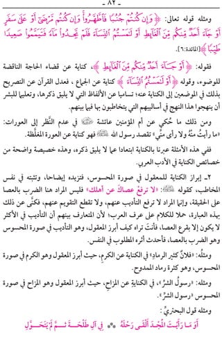 ‫ـ‬ ٨٢ ‫ـ‬
=< ;:9876543‫ﱹ‬ :‫ﺗﻌﺎﱃ‬ ‫ﻗﻮﻟﻪ‬ ‫ﻭﻣﺜﻠﻪ‬
K J I H G F E D C B A @ ? >
.[٦:‫]ﺍﳌﺎﺋﺪﺓ‬‫ﱸ‬L
‫ﺍﻟﻨﺎﻗﻀﺔ‬ ‫ﺍﳊﺎﺟﺔ‬ ‫ﻗﻀﺎﺀ‬ ‫ﻋﻦ‬ ‫ﻛﻨﺎﻳﺔ‬ ،‫ﱸ‬´³²± ° ¯‫ﱹ‬ :‫ﻓﻘﻮﻟﻪ‬
‫ﺍﻟﺘﴫﻳﺢ‬ ‫ﻋﻦ‬ ‫ﺍﻟﻘﺮﺁﻥ‬ ‫ﻓﻌﺪﻝ‬ ، ‫ﺍﳉﲈﻉ‬ ‫ﻋﻦ‬ ‫ﻛﻨﺎﻳﺔ‬ ‫ﱸ‬¸¶μ‫ﱹ‬ ‫ﻭﻗﻮﻟﻪ‬ ،‫ﻟﻠﻮﺿﻮﺀ‬
‫ﻟﻠﺒﴩ‬ ‫ﻭﺗﻌﻠﻴﲈ‬ ،‫ﺫﻛﺮﻫﺎ‬ ‫ﻳﻠﻴﻖ‬ ‫ﻻ‬ ‫ﺍﻟﺘﻲ‬ ‫ﺍﻷﻟﻔﺎﻅ‬ ‫ﻋﻦ‬ ‫ﺗﺴﺎﻣﻴﺎ‬ ‫ﻋﻨﻪ؛‬ ‫ﺍﻟﻜﻨﺎﻳﺔ‬ ‫ﺇﱃ‬ ‫ﺍﳌﻮﺿﻌﲔ‬ ‫ﰲ‬ ‫ﺑﺬﻟﻚ‬
.‫ﺑﻴﻨﻬﻢ‬ ‫ﻓﻴﲈ‬ ‫ﲠﺎ‬ ‫ﻳﺘﺨﺎﻃﺒﻮﻥ‬ ‫ﺍﻟﺘﻲ‬ ‫ﺃﺳﺎﻟﻴﺒﻬﻢ‬ ‫ﰲ‬ ‫ﺍﻟﻨﻬﺞ‬ ‫ﻫﺬﺍ‬ ‫ﻳﻨﻬﺠﻮﺍ‬ ‫ﺃﻥ‬
:‫ﺍﻟﻌﻮﺭﺍﺕ‬ ‫ﺇﱃ‬ ‫ﱠﻈﺮ‬‫ﻨ‬‫ﺍﻟ‬ ‫ﻋﺪﻡ‬ ‫ﰲ‬ ‫ﻋﺎﺋﺸﺔ‬ ‫ﺍﳌﺆﻣﻨﲔ‬ ‫ﺃﻡ‬ ‫ﻋﻦ‬ ‫ﻜﻲ‬ ‫ﹸ‬‫ﺣ‬ ‫ﻣﺎ‬ ‫ﺫﻟﻚ‬ ‫ﻭﻣﻦ‬
.‫ﻈﺔ‬‫ﱠ‬‫ﻠ‬‫ﺍﳌﻐ‬ ‫ﺍﻟﻌﻮﺭﺓ‬ ‫ﻋﻦ‬ ‫ﻛﻨﺎﻳﺔ‬ ‫ﻓﻬﻮ‬ ‫ﺍﷲ‬ ‫ﺭﺳﻮﻝ‬ ‫ﺗﻘﺼﺪ‬ «‫ﱢﻲ‬‫ﻨ‬‫ﻣ‬ ￯‫ﺭﺃ‬ ‫ﻭﻻ‬ ‫ﹸ‬‫ﻪ‬‫ﹾ‬‫ﻨ‬‫ﻣ‬ ‫ﹸ‬‫ﺭﺃﻳﺖ‬ ‫»ﻣﺎ‬
‫ﻣﻦ‬ ‫ﻭﺍﺿﺤﺔ‬ ‫ﺧﺼﻴﺼﺔ‬ ‫ﻭﻫﺬﻩ‬ ،‫ﺫﻛﺮﻩ‬ ‫ﻳﻠﻴﻖ‬ ‫ﻻ‬ ‫ﻋﲈ‬ ‫ﺍﺑﺘﻌﺎﺩﺍ‬ ‫ﺑﺎﻟﻜﻨﺎﻳﺔ‬ ‫ﻋﱪﻧﺎ‬ ‫ﺍﻷﻣﺜﻠﺔ‬ ‫ﻫﺬﻩ‬ ‫ﻓﻔﻲ‬
.‫ﺍﻟﻌﺮﰊ‬ ‫ﺍﻷﺩﺏ‬ ‫ﰲ‬ ‫ﺍﻟﻜﻨﺎﻳﺔ‬ ‫ﺧﺼﺎﺋﺺ‬
‫ﻧﻔﺲ‬ ‫ﰲ‬ ‫ﻭﺗﺜﺒﺘﻪ‬ ،‫ﺇﻳﻀﺎﺣﺎ‬ ‫ﻓﺘﺰﻳﺪﻩ‬ ،‫ﺍﳌﺤﺴﻮﺱ‬ ‫ﺻﻮﺭﺓ‬ ‫ﰲ‬ ‫ﻟﻠﻤﻌﻘﻮﻝ‬ ‫ﺍﻟﻜﻨﺎﻳﺔ‬ ‫ﺇﺑﺮﺍﺯ‬ ‫٢ـ‬
‫ﺑﺎﻟﻌﺼﺎ‬ ‫ﺍﻟﴬﺏ‬ ‫ﻫﻨﺎ‬ ‫ﺍﳌﺮﺍﺩ‬ ‫ﻓﻠﻴﺲ‬ «‫ﺃﻫﻠﻚ‬ ‫ﻋﻦ‬ ‫ﹶ‬‫ﻋﺼﺎﻙ‬ ‫ﹾ‬‫ﺗﺮﻓﻊ‬ ‫»ﻻ‬ ‫ﻛﻘﻮﻟﻪ‬ ،‫ﺍﳌﺨﺎﻃﺐ‬
‫ﺫﻟﻚ‬ ‫ﻋﻦ‬ ‫ﱠﻰ‬‫ﻨ‬‫ﻓﻜ‬ ،‫ﻋﻨﻬﻢ‬ ‫ﺍﻟﺘﻘﻮﻳﻢ‬ ‫ﺗﻘﻄﻊ‬ ‫ﻭﻻ‬ ،‫ﻋﻨﻬﻢ‬ ‫ﺍﻟﺘﺄﺩﻳﺐ‬ ‫ﺗﺮﻓﻊ‬ ‫ﻻ‬ ‫ﺍﳌﺮﺍﺩ‬ ‫ﻭﺇﻧﲈ‬ ،‫ﺍﳊﻘﻴﻘﺔ‬ ‫ﻋﲆ‬
‫ﺍﻷﻛﺜﺮ‬ ‫ﰲ‬ ‫ﺍﻟﺘﺄﺩﻳﺐ‬ ‫ﺃﻥ‬ ‫ﺑﻴﻨﻬﻢ‬ ‫ﺍﳌﺘﻌﺎﺭﻑ‬ ‫ﻷﻥ‬ ‫ﺍﻟﻌﺮﺏ؛‬ ‫ﻋﺮﻑ‬ ‫ﻋﲆ‬ ‫ﻟﻠﻜﻼﻡ‬ ‫ﲪﻼ‬ ،‫ﺍﻟﻌﺒﺎﺭﺓ‬ ‫ﲠﺬﻩ‬
‫ﺍﳌﺤﺴﻮﺱ‬ ‫ﺻﻮﺭﺓ‬ ‫ﰲ‬ ‫ﺍﻟﺘﺄﺩﻳﺐ‬ ‫ﻭﻫﻮ‬ ،‫ﺍﳌﻌﻘﻮﻝ‬ ‫ﺃﺑﺮﺯ‬ ‫ﻛﻴﻒ‬ ‫ﺗﺮﺍﻩ‬ ‫ﹶ‬‫ﻓﺄﻧﺖ‬ ،‫ﺍﻟﻌﺼﺎ‬ ‫ﺑﻘﺮﻉ‬ ‫ﺇﻻ‬ ‫ﻳﻜﻮﻥ‬ ‫ﻻ‬
.‫ﺍﻟﻨﻔﺲ‬ ‫ﰲ‬ ‫ﺍﳌﻄﻠﻮﺏ‬ ‫ﺃﺛﺮﻩ‬ ‫ﻓﺄﺣﺪﺙ‬ ،‫ﺑﺎﻟﻌﺼﺎ‬ ‫ﺍﻟﴬﺏ‬ ‫ﻭﻫﻮ‬
‫ﺻﻮﺭﺓ‬‫ﰲ‬‫ﺍﻟﻜﺮﻡ‬‫ﻭﻫﻮ‬‫ﺍﳌﻌﻘﻮﻝ‬‫ﺃﺑﺮﺯ‬‫ﺣﻴﺚ‬،‫ﹺ‬‫ﻡ‬‫ﺍﻟﻜﺮ‬‫ﻋﻦ‬‫ﺍﻟﻜﻨﺎﻳﺔ‬‫ﰲ‬«‫ﹺ‬‫ﺍﻟﺮﻣﺎﺩ‬‫ﻛﺜﲑ‬ ‫ﹲ‬‫»ﻓﻼﻥ‬:‫ﻪ‬‫ﹸ‬‫ﻠ‬‫ﻭﻣﺜ‬
.‫ﺍﳌﻤﺪﻭﺡ‬ ‫ﺭﻣﺎﺩ‬ ‫ﻛﺜﺮﺓ‬ ‫ﻭﻫﻮ‬ ،‫ﺍﳌﺤﺴﻮﺱ‬
‫ﺻﻮﺭﺓ‬ ‫ﰲ‬ ‫ﺍﳌﺰﺍﺡ‬ ‫ﻭﻫﻮ‬ ‫ﺍﳌﻌﻘﻮﻝ‬ ‫ﺃﺑﺮﺯ‬ ‫ﺣﻴﺚ‬ ، ‫ﺍﳌﺰﺍﺡﹺ‬ ‫ﻋﻦ‬ ‫ﹺ‬‫ﺍﻟﻜﻨﺎﻳﺔ‬ ‫ﰲ‬ ،« ‫ﱢ‬‫ﺍﻟﴩ‬ ‫ﹸ‬‫»ﺭﺳﻮﻝ‬ :‫ﻭﻣﺜﻠﻪ‬
.« ‫ﱢ‬‫ﺍﻟﴩ‬ ‫»ﺭﺳﻮﻝ‬ ‫ﺍﳌﺤﺴﻮﺱ‬
: ‫ﱢ‬‫ﺍﻟﺒﺤﱰﻱ‬ ‫ﻗﻮﻝ‬ ‫ﻭﻣﺜﻠﻪ‬
‫ﹺ‬‫ﻝ‬‫ﱠ‬‫ـــﻮ‬ ‫ﹶ‬‫ﹶﺤ‬‫ﺘ‬‫ﹶ‬‫ﻳ‬‫ﹾ‬ ‫ﹶ‬‫ﱂ‬ ‫ﱠ‬‫ﺛـــﻢ‬ ‫ﹶ‬‫ﺔ‬‫ـــ‬ ‫ﹶ‬‫ﺤ‬‫ﹾ‬‫ﻠ‬‫ﹶ‬‫ﻃ‬ ‫ﹺ‬‫ﺁﻝ‬ ‫ﹺ‬‫ﰲ‬ ‫ﹸ‬‫ﻪ‬‫ﹶ‬‫ﻠ‬ ‫ﹾ‬‫ﺣ‬‫ﹶ‬‫ﺭ‬ ‫ـﻰ‬‫ـ‬‫ﹶ‬‫ﻘ‬‫ﹾ‬‫ﻟ‬‫ﹶ‬‫ﺃ‬ ‫ـﺪﹶ‬‫ـ‬ ‫ﹾ‬‫ﺠ‬‫ﹶ‬‫ﹾ‬‫ﳌ‬‫ﺍ‬ ‫ﹶ‬‫ـﺖ‬‫ـ‬‫ﹾ‬‫ﻳ‬‫ﹶ‬‫ﺃ‬‫ﹶ‬‫ﺭ‬ ‫ـﺎ‬‫ـ‬‫ﹶ‬‫ﻣ‬ ‫ﹶ‬‫ﻭ‬‫ﹶ‬‫ﺃ‬***
 