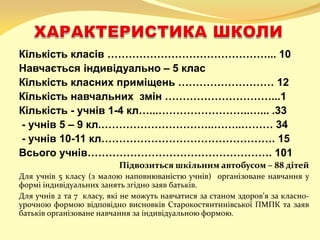 Кількість класів ………………………………………... 10
Навчається індивідуально – 5 клас
Кількість класних приміщень ……………………… 12
Кількість навчальних змін …………………………...1
Кількість - учнів 1-4 кл…...……………………..…... .33
- учнів 5 – 9 кл.…………………………..……..……… 34
- учнів 10-11 кл…………………………………………. 15
Всього учнів……………………………………………. 101
Підвозиться шкільним автобусом – 88 дітей
Для учнів 5 класу (з малою наповнюваністю учнів) організоване навчання у
формі індивідуальних занять згідно заяв батьків.
Для учнів 2 та 7 класу, які не можуть навчатися за станом здоров’я за класно-
урочною формою відповідно висновків Старокостянтинівської ПМПК та заяв
батьків організоване навчання за індивідуальною формою.
 