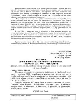 Рекомендуємо ретельно пройти тести попередніх років (вони є у вільному доступі в
Мережі) і підтягувати хвости за складними темами. Важливо засікати час – на виконання
всіх завдань дається 150 чи 210 хвилин, засиджуватися над ними не можна. Для
повторення також можна використовувати посібники зі ЗНО, наприклад, авторства
О.Авраменко: у ньому зібрані матеріали як з мови, так і з літератури, так що книга
підходить для інтенсивної комплексної підготовки.
Якщо абітурієнти не знають, як потрібно складати висловлювання на ЗНО, вони
пишуть звичайний твір. Але для оцінки цієї роботи існують свої критерії. Тому вчителі
мають постійно нагадувати учням про вимоги щодо написання власного висловлення. Не
відходьте від схеми. Звертайте увагу на яскравих героїв, вони допоможуть вам написати
власне висловлення. Щодо прикладу з історії або суспільно-політичного життя, читайте
біографії яскравих особистостей, цікаві вам історичні факти і т.д. Твір дуже важливий, 20
балів.
В тесті ЗНО з української мови і літератури не буде жодного завдання, що
виходитиме за межі шкільної програми. Але це не означає, що готуватися до тестування
не треба. Навпаки! Ваша підготовка має полягати в сумлінному, цілеспрямованому й чітко
зорганізованому повторенні всього матеріалу, винесеного на ЗНО. Також у підготовці
важливі мотивація і системний підхід.
Будьте чесними перед собою! Ще і ще раз перечитуйте незрозумілий матеріал,
повертайтеся до завдань, які Ви ще не змогли здолати, набивайте руку на виконанні тесту.
ЗАТВЕРДЖЕНО
Наказ Міністерства освіти
і науки України
01.10.2014 р. № 1121
ПРОГРАМА
ЗОВНІШНЬОГО НЕЗАЛЕЖНОГО ОЦІНЮВАННЯ
З УКРАЇНСЬКОЇ МОВИ І ЛІТЕРАТУРИ
для осіб, які бажають здобувати вищу освіту на основі повної загальної
середньої освіти
Пояснювальназаписка
Програму зовнішнього незалежного оцінювання з української мови
(далі – програма ЗНО) розроблено з урахуванням чинних програм з
української мови для 5-9 класів та програм для профільного навчання учнів
10-11 класів (рівень стандарту, наказ Міністерства освіти і науки України №
1021 від 28.10.2010 р.).
Матеріал програми ЗНО розподілено за такими розділами: «Фонетика.
Графіка», «Лексикологія. Фразеологія», «Будова слова. Словотвір»,
«Морфологія», «Синтаксис», «Стилістика», «Орфоепія», «Орфографія»,
«Розвиток мовлення».
Українська мова
Назва розділу, теми Знання Предметні вміння та способи
навчальної
діяльності
 