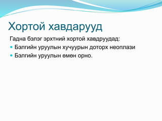 Хортой хавдарууд
Гадна бэлэг эрхтний хортой хавдруудад:
 Бэлгийн уруулын хучуурын доторх неоплази
 Бэлгийн уруулын өмөн орно.
 