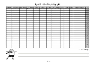 36
‫للحاالت‬ ‫والمتابعة‬ ‫القيد‬‫ا‬‫لنفسية‬
‫م‬‫ال‬ ‫اسم‬‫العميل‬ / ‫حالة‬‫الكود‬‫الفصل‬‫السن‬‫األمر‬ ‫ولى‬ ‫مهنة‬‫العنوان‬‫ال‬‫حالة‬‫التحويل‬‫أولى‬ ‫متابعة‬‫ثانية‬ ‫متابعة‬‫ثالثة‬ ‫متابعة‬‫مالحظات‬
1
2
3
4
5
6
7
8
9
10
11
12
13
14
15
16
17
18
19
20
‫عامة‬ ‫مالحظات‬
 