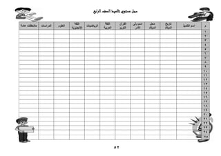 52
‫ال‬‫الصف‬‫تالميذ‬ ‫مستوي‬ ‫سجل‬‫رابع‬
‫م‬‫التلميذ‬ ‫اسم‬
‫تاريخ‬
‫الميالد‬
‫محل‬
‫الميالد‬
‫ولى‬ ‫اسم‬
‫األمر‬
‫ال‬‫قرآن‬
‫الكريم‬
‫اللغة‬
‫العربية‬
‫ال‬‫ر‬‫ياضيات‬
‫ال‬‫لغة‬
‫اإلنجليزية‬
‫ال‬‫علوم‬‫ال‬‫دراسات‬‫مالحظات‬‫عامة‬
1
2
3
4
5
6
7
8
9
10
11
12
13
14
15
16
17
18
19
20
21
22
23
24
25
 