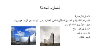 ‫الحداثة‬ ‫العمارة‬
‫الوحشية‬ ‫العمارة‬
‫هومزيف‬ ‫ما‬ ‫كل‬ ‫عن‬ ‫االبتعاد‬ ‫تعني‬ ‫العمارة‬ ‫في‬ ‫اما‬ ‫المطلق‬ ‫الصدق‬ ‫و‬ ‫القاسية‬ ‫الصراحة‬
‫اليسون‬ ‫اخته‬ ‫و‬ ‫سميثون‬ ‫بيتر‬
‫تانغ‬ ‫كنزو‬ ‫العماري‬
‫رودولف‬ ‫باول‬
‫كاهن‬ ‫لويس‬
 