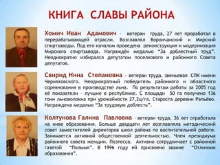 КНИГА СЛАВЫ РАЙОНА
Хомич Иван Адамович – ветеран труда, 27 лет проработал в
перерабатывающей отрасли. Возглавлял Ворончанский и Мирский
спиртзаводы. Под его началом проведена реконструкция и модернизация
Мирского спиртзавода. Награждён медалью “За доблестный труд”.
Неоднократно избирался депутатом поселкового и районного Совета
депутатов.
Свирид Нина Степановна - ветеран труда, звеньевая СПК имени
Черняховского. Неоднократный победитель районного и областного
соревнования в производстве льна. По результатам работы за 2005 год
её показатели – лучшие в республике. С площади 50 га получено 136
тонн льноволокна при урожайности 27,2ц/га. Староста деревни Рапьёво.
Награждена медалью “За трудовую доблесть”.
Колтунова Галина Павловна – ветеран труда, 36 лет отработала
на ниве образования. Больше двадцати лет возглавляла методический
совет заместителей директоров школ района по воспитательной работе.
Занимается активной общественной деятельностью. Член президиума
районного совета женщин. Поэтесса. Активно сотрудничает с районной
газетой “Полымя”. В 1996 году ей присвоено звание “Отличник
образования”.
 
