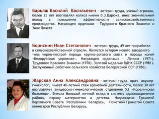 Барьяш Василий Васильевич – ветеран труда, ученый агроном,
более 25 лет возглавлял колхоз имени В.З.Царюка, внес значительный
вклад в повышение эффективности сельскохозяйственного
производства. Награжден орденами – Трудового Красного Знамени и
Знак Почета.
Борискин Иван Степанович – ветеран труда, 49 лет проработал
в сельскохозяйственной отрасли. Является автором нового заводского
типа черно-пестрой породы крупно-рогатого скота и породы коней
«Белорусская упряжная». Награжден орденами – Ленина (1971),
Трудового Красного Знамени (1976), Золотой медалью ВДНХ СССР (1981).
Заслуженный работник сельского хозяйства Белорусской ССР (1986).
Жарская Анна Александровна - ветеран труда, врач акушер-
гинеколог, имеет 40-летний стаж врачебной деятельности, более 30 лет
возглавляет акушерско-гинекологическое отделение УЗ «Кореличская
больница». Внесла большой личный вклад в систему здравоохранения
района, охрану материнства и детства. Награждена Грамотой
Верховного Совета Республики Беларусь, Почетной Грамотой Совета
Министров Республики Беларусь.
 