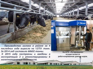 На МТК «Литаровщина»
осуществляется
роботизированное доение коров.
Производство молока в районе за 4
последних года выросло на 12751 тонн.
За 2014 год составило 68602 тонны.
К 2015 году построены и введены в
эксплуатацию 3 и реконструированы 6
молочнотоварных комплексов.
 
