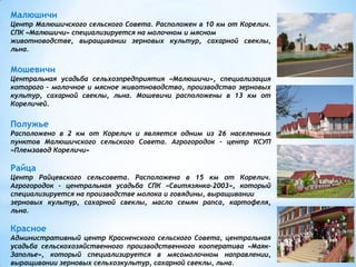 Малюшичи
Центр Малюшичского сельского Совета. Расположен в 10 км от Корелич.
СПК «Малюшичи» специализируется на молочном и мясном
животноводстве, выращивании зерновых культур, сахарной свеклы,
льна.
Мошевичи
Центральная усадьба сельхозпредприятия «Малюшичи», специализация
которого – молочное и мясное животноводство, производство зерновых
культур, сахарной свеклы, льна. Мошевичи расположены в 13 км от
Кореличей.
Полужье
Расположено в 2 км от Корелич и является одним из 26 населенных
пунктов Малюшичского сельского Совета. Агрогородок – центр КСУП
«Племзавод Кореличи»
Райца
Центр Райцевского сельсовета. Расположена в 15 км от Корелич.
Агрогородок – центральная усадьба СПК «Свитязянка-2003», который
специализируется на производстве молока и говядины, выращивании
зерновых культур, сахарной свеклы, масло семян рапса, картофеля,
льна.
Красное
Административный центр Красненского сельского Совета, центральная
усадьба сельскохозяйственного производственного кооператива «Маяк-
Заполье», который специализируется в мясомолочном направлении,
выращивании зерновых сельхозкультур, сахарной свеклы, льна.
 