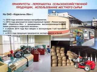 ПРИОРИТЕТЫ – ПЕРЕРАБОТКА СЕЛЬСКОХОЗЯЙСТВЕННОЙ
ПРОДУКЦИИ, ИСПОЛЬЗОВАНИЕ МЕСТНОГО СЫРЬЯ
На ОАО «Кореличи-Лён»:
с 2010 года налажен выпуск кастробрикетов;
с 2012 года реализуется инвестиционный проект «Реконструкция
ОАО «Кореличи-Лён» с размещением высокопроизводительной
линии длинного и короткого волокна».
в апреле 2014 года был введен в эксплуатацию 1-ый пусковой
комплекс.
в 2015 года продукция предприятия экспортируется в Китай.
 