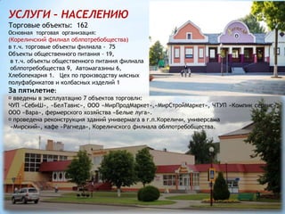 УСЛУГИ – НАСЕЛЕНИЮ
Торговые объекты: 162
Основная торговая организация:
(Кореличский филиал облпотребобщества)
в т.ч. торговые объекты филиала - 75
Объекты общественного питания – 19,
в т.ч. объекты общественного питания филиала
облпотребобщества 9, Автомагазины 6,
Хлебопекарня 1. Цех по производству мясных
полуфабрикатов и колбасных изделий 1
За пятилетие:
введены в эксплуатацию 7 объектов торговли:
ЧУП «СебиШ», «БелТавис», ООО «МирПродМаркет»,«МирСтройМаркет», ЧТУП «Компик сервис»,
ООО «Вара», фермерского хозяйства «Белые луга».
проведена реконструкция зданий универмага в г.п.Кореличи, универсама
«Мирский», кафе «Рагнеда», Кореличского филиала облпотребобщества.
 