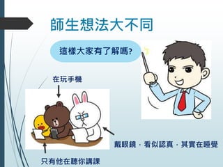 師生想法大不同
這樣大家有了解嗎?
在玩手機
戴眼鏡，看似認真，其實在睡覺
只有他在聽你講課
 