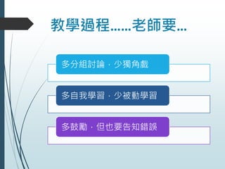 教學過程……老師要…
多分組討論，少獨角戲
多自我學習，少被動學習
多鼓勵，但也要告知錯誤
 